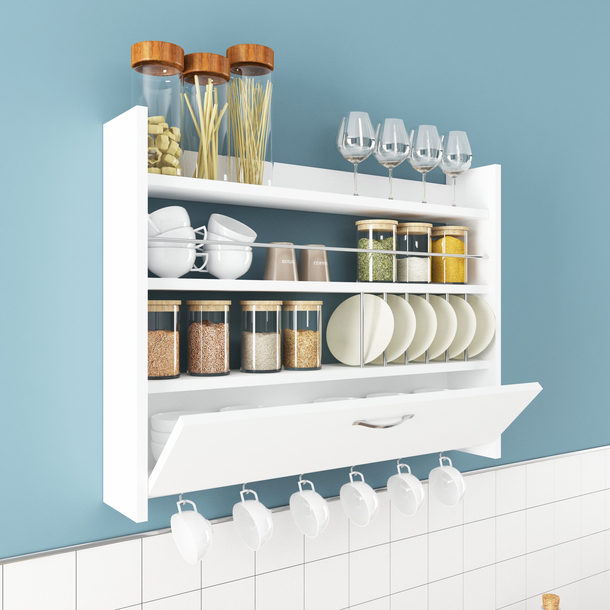 Prateleira de cozinha branca elegante, 85 x 15 x 65 cm | Painel de partículas 100% revestido em melamina, 18 mm de espessura | Montável na parede com inúmeras prateleiras, design moderno