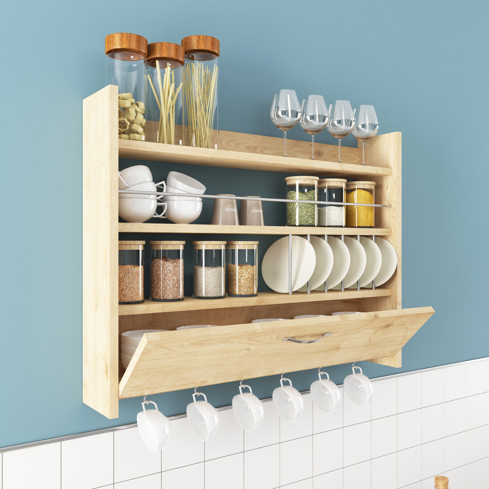 Prateleira de cozinha elegante, cor carvalho, 85 x 15 x 65 cm | Painel de partículas 100% revestido de melamina, 18 mm de espessura | Montável na parede com inúmeras prateleiras, design moderno