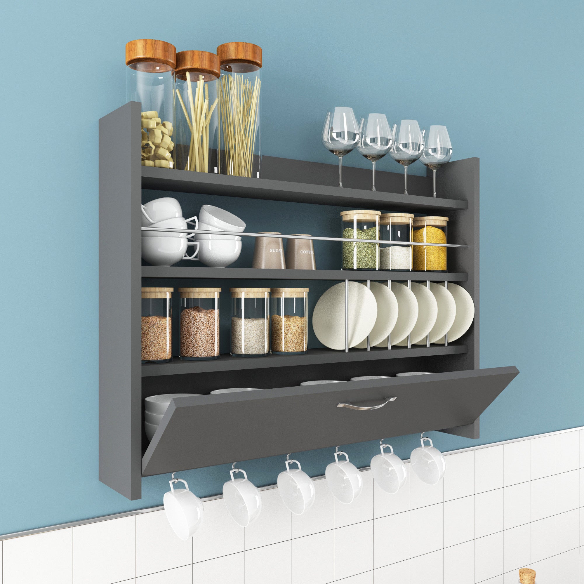 Prateleira de cozinha elegante, antracite, 85 x 15 x 65 cm | Painel de partículas 100% revestido de melamina, 18 mm de espessura | Montável na parede com inúmeras prateleiras
