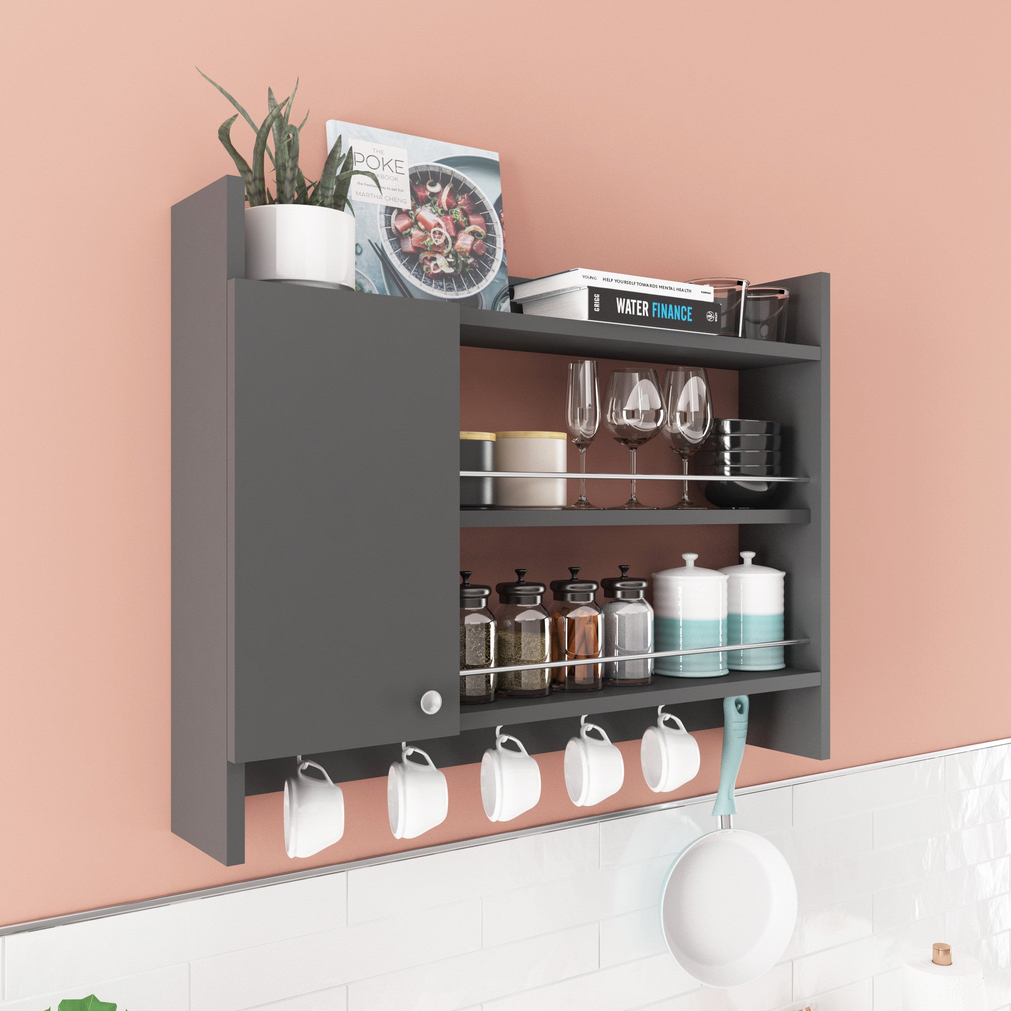 Prateleira de cozinha elegante, antracite, 85 x 15 x 65 cm | Painel de partículas 100% revestido de melamina, 18 mm de espessura | Montável na parede com inúmeras prateleiras