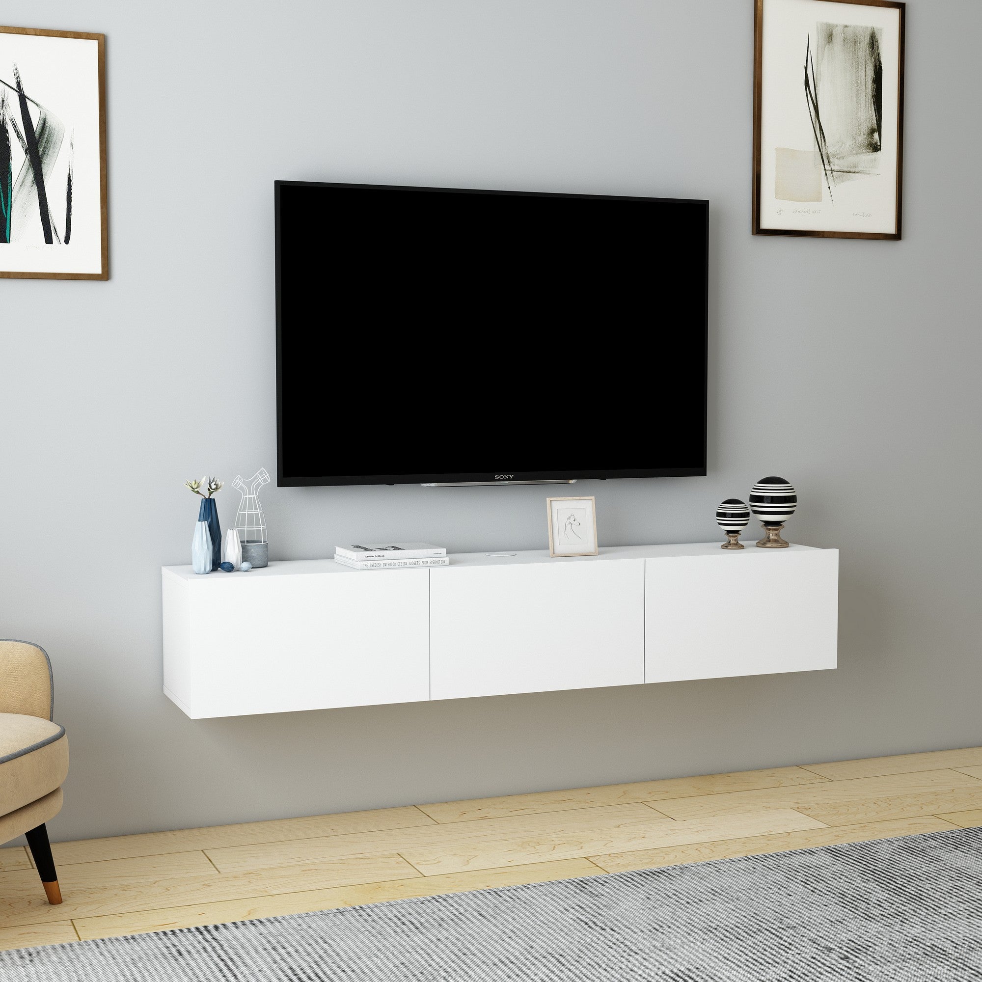 Móvel de TV montável na parede – 160 cm x 29,6 cm x 31,4 cm – branco – 100% aglomerado