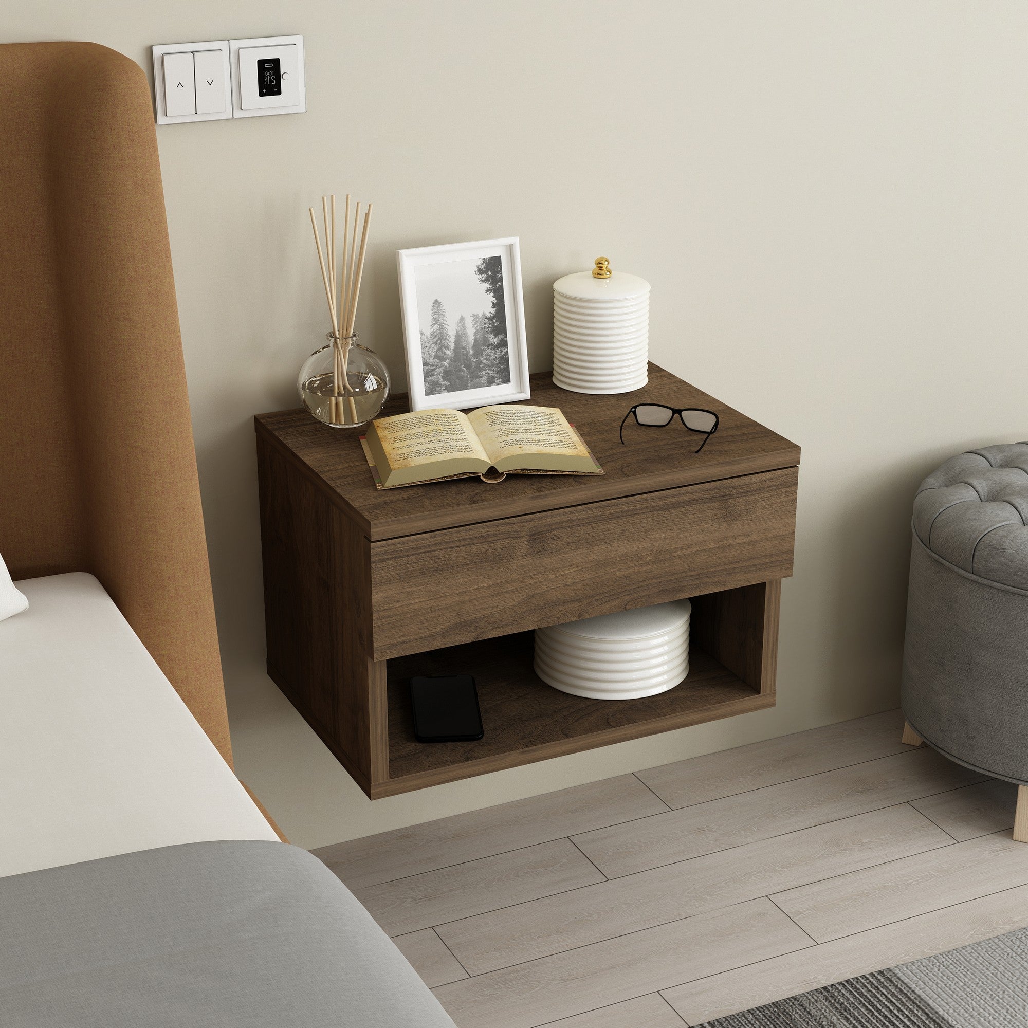 Mesa de cabeceira elegante em nogueira, 44,6 x 29 x 31,6 cm | 100% aglomerado, montável na parede | Ideal para quartos e salas de estar modernos, design elegante