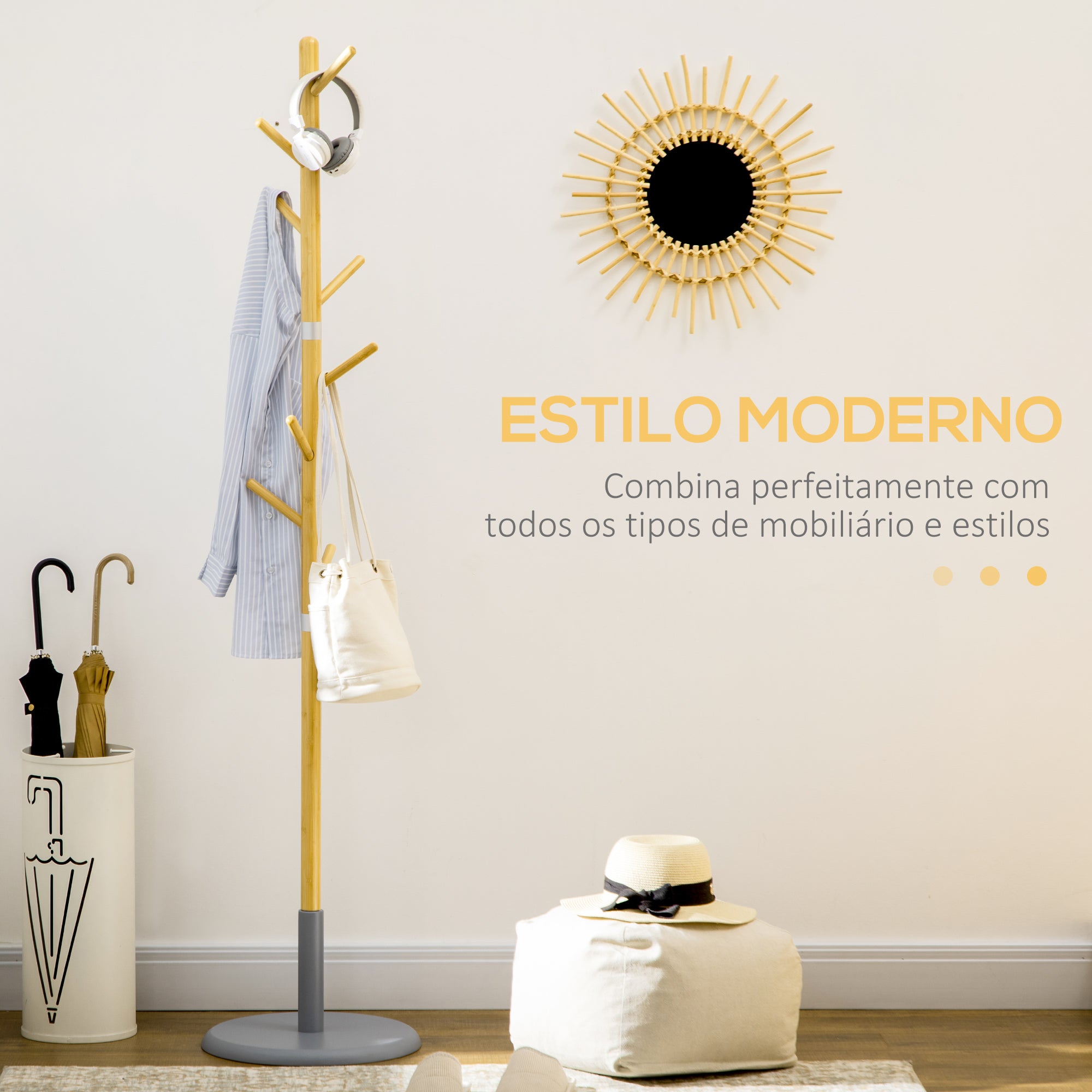 Cabide de Pé Moderno Branco e Cinza Ø37,8x175,6 cm