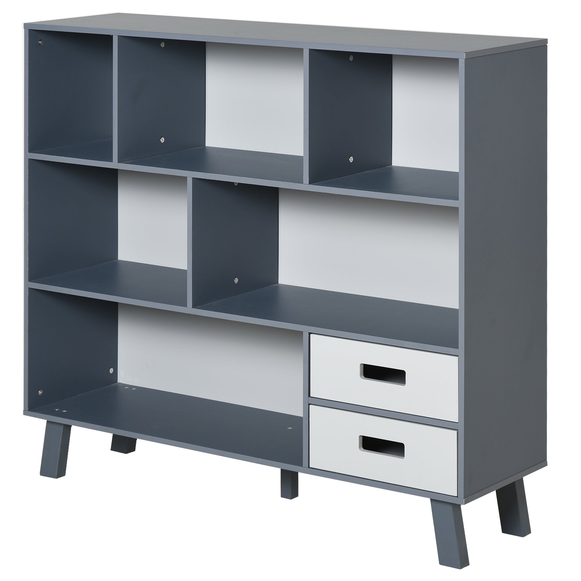 Estante Multifuncional com 6 Compartimentos e 2 Gavetas - 105x30x96 cm - Azul e Cinza