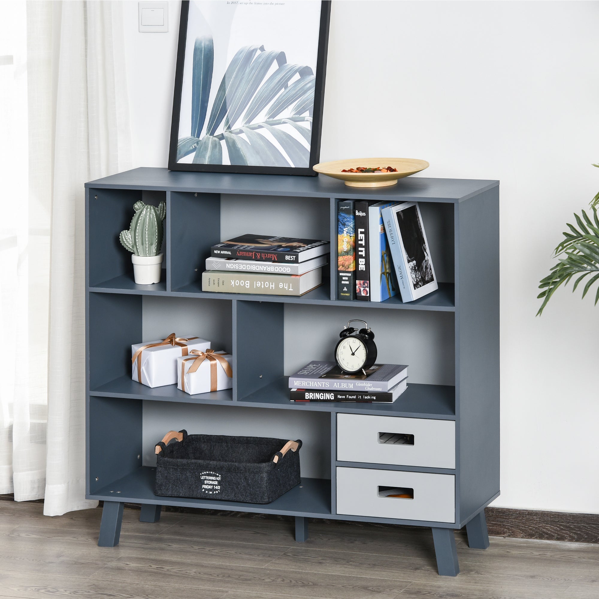 Estante Multifuncional com 6 Compartimentos e 2 Gavetas - 105x30x96 cm - Azul e Cinza