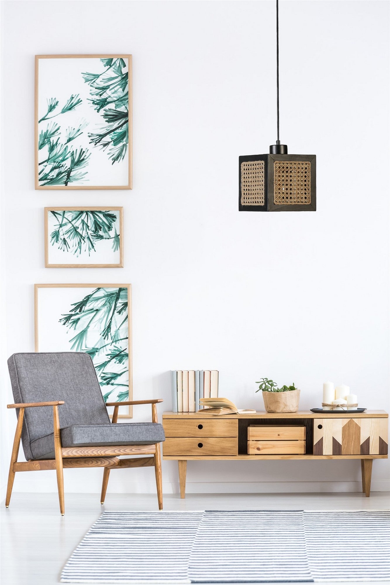 Candeeiro de Teto – 70 cm – Preto – Madeira de Fir e Rattan