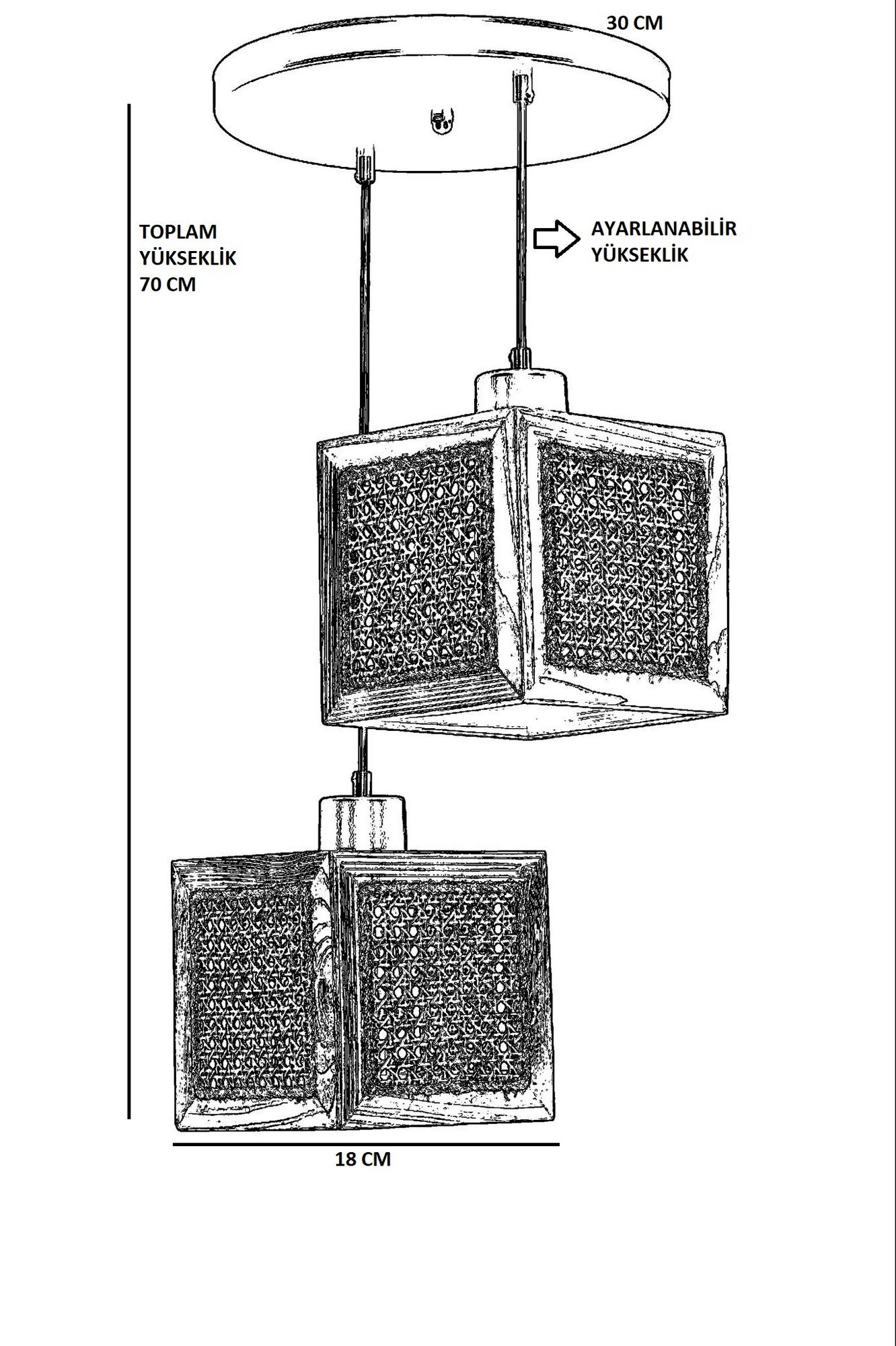 Candeeiro de Teto - 70 cm - Rattan e Preto - Madeira de Fir