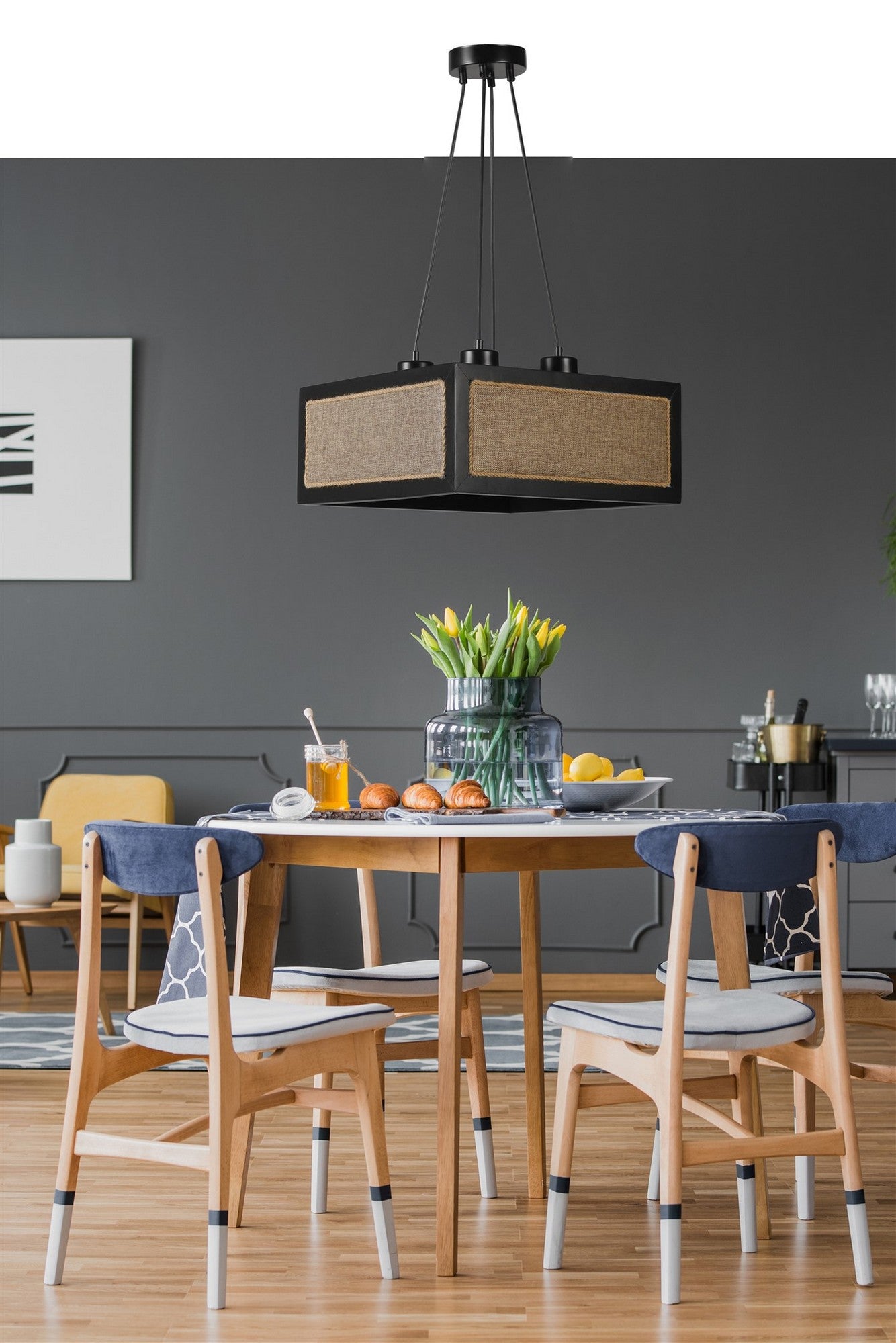 Candeeiro de Teto – 70 cm – Preto e Rattan – Madeira de Fir