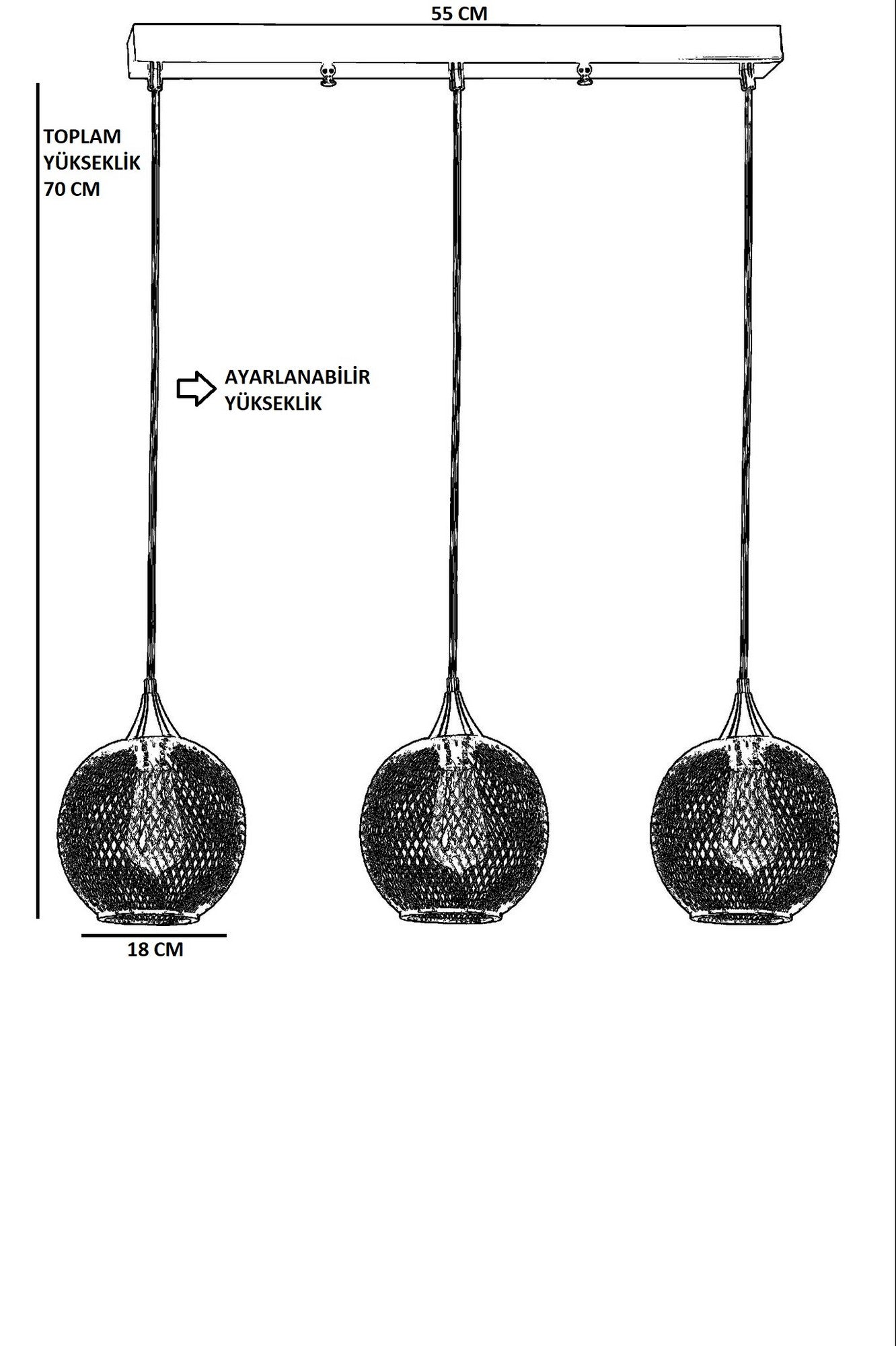Candeeiro de Teto - 70 cm - Preto - Metal