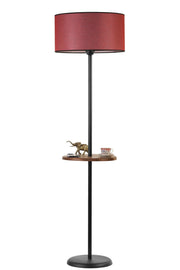 Candeeiro de Pé – 160 cm – Preto e Vermelho Bordô – Metálico com Prateleira de Faia