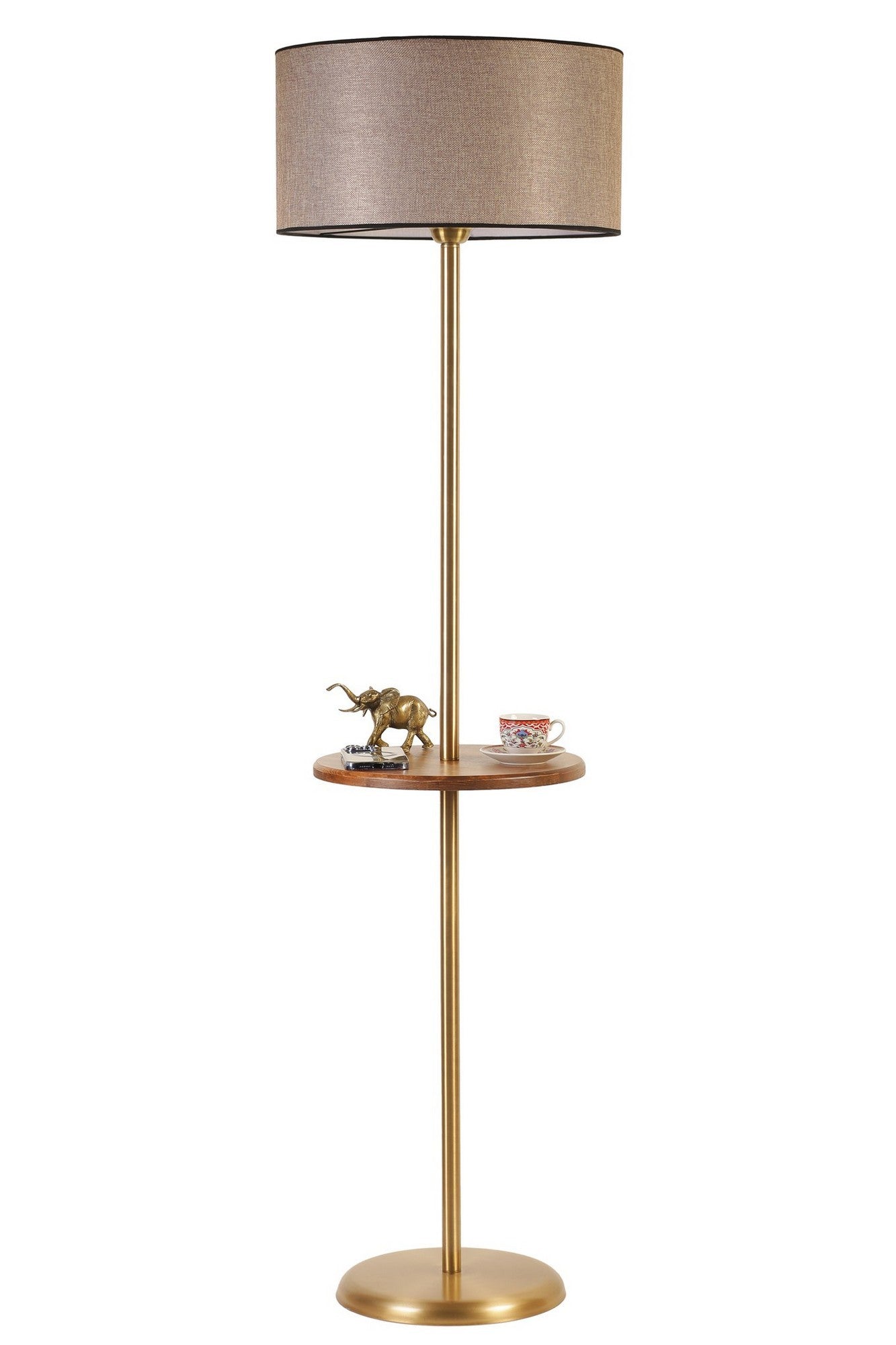 Candeeiro de Pé – 30 cm (base) / 35 cm (prateleira) – Dourado e Marrom – Metal e Madeira de Faia