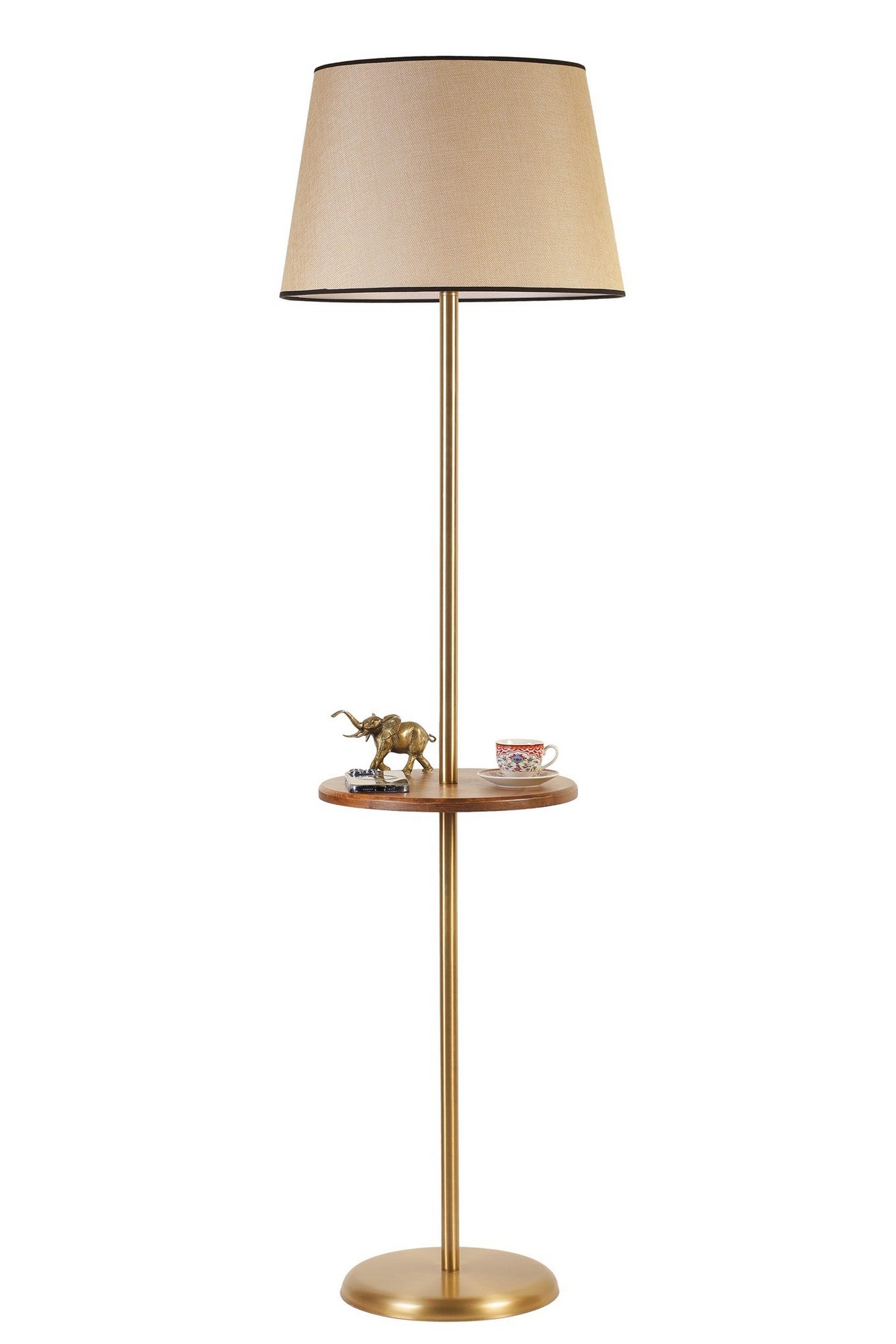 Candeeiro de Pé – 162 cm – Dourado e Marrom – Metal e Madeira de Faia