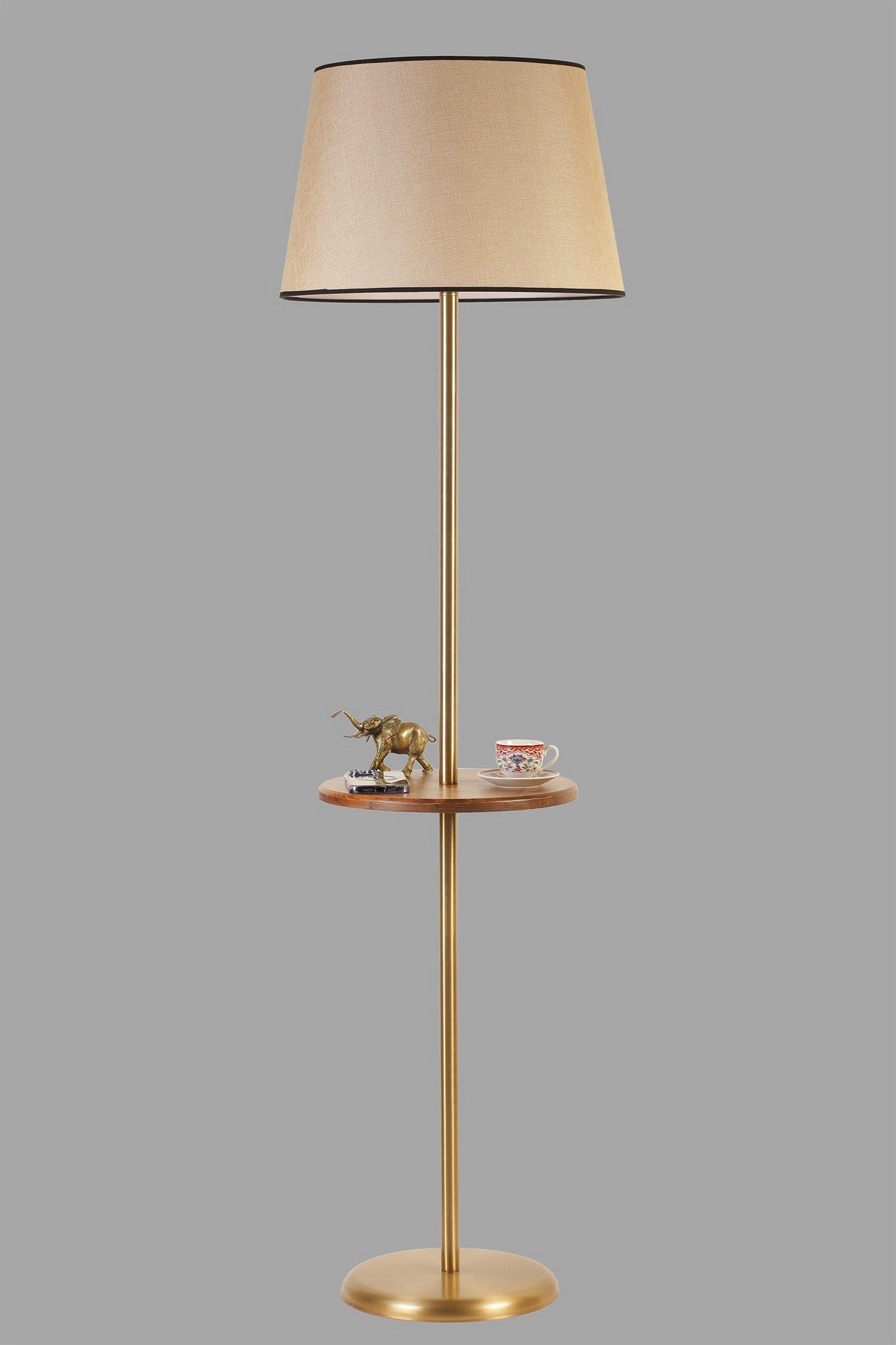 Candeeiro de Pé – 162 cm – Dourado e Marrom – Metal e Madeira de Faia