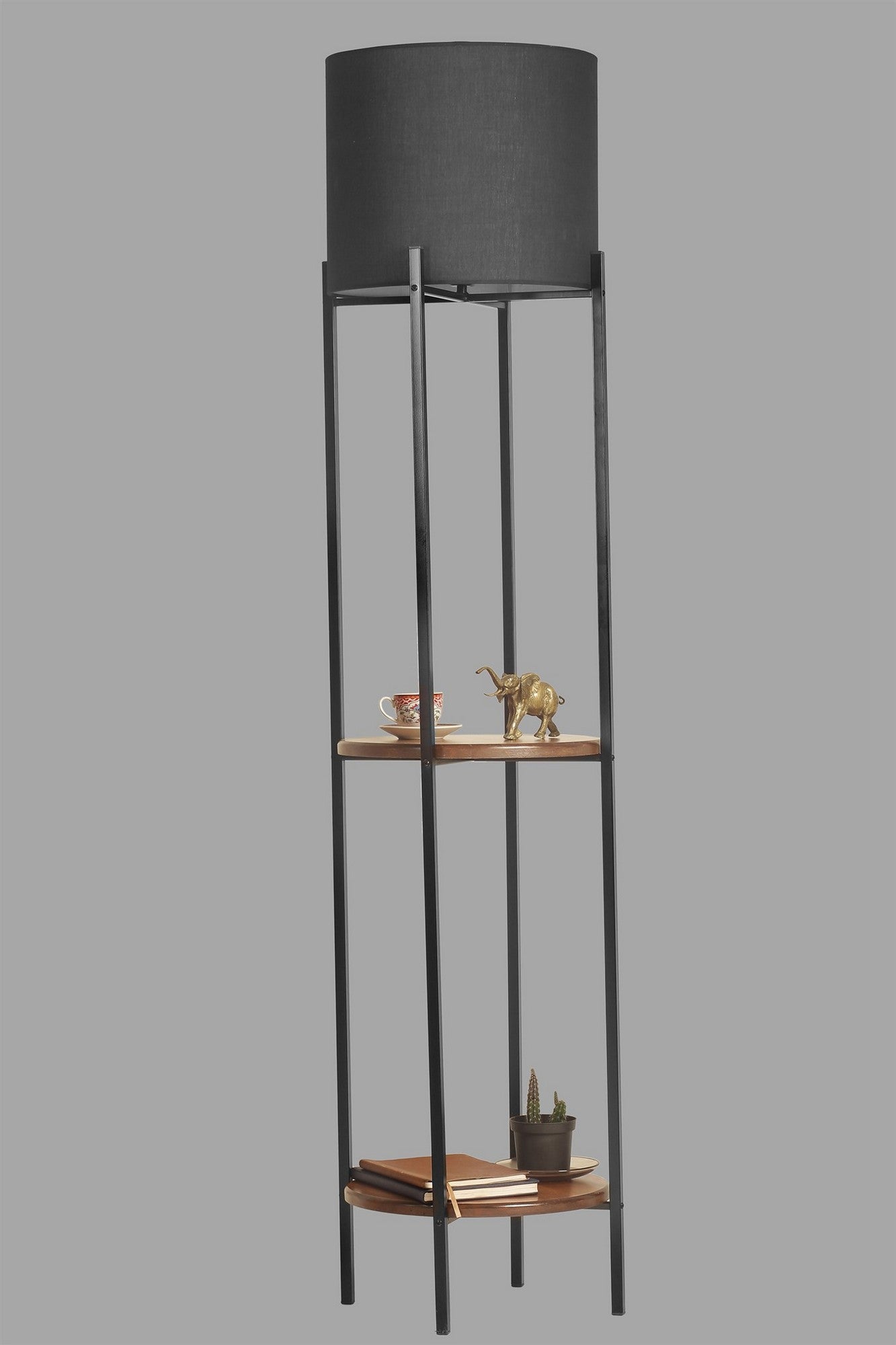 Candeeiro de Pé – 162 cm – Preto e Nogueira – Metal