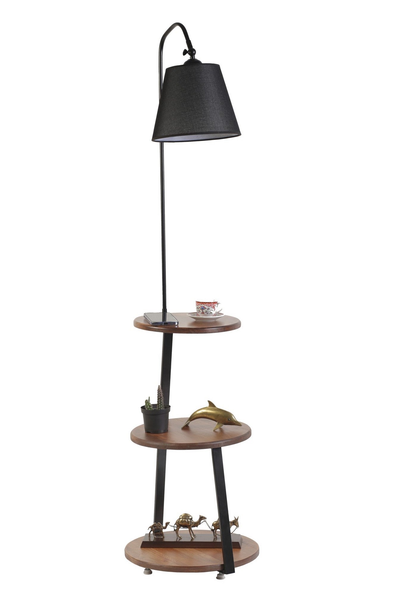 Candeeiro de Pé com Prateleira – Diâmetro base: 40 cm – Preto e Nogueira – Metal e Madeira