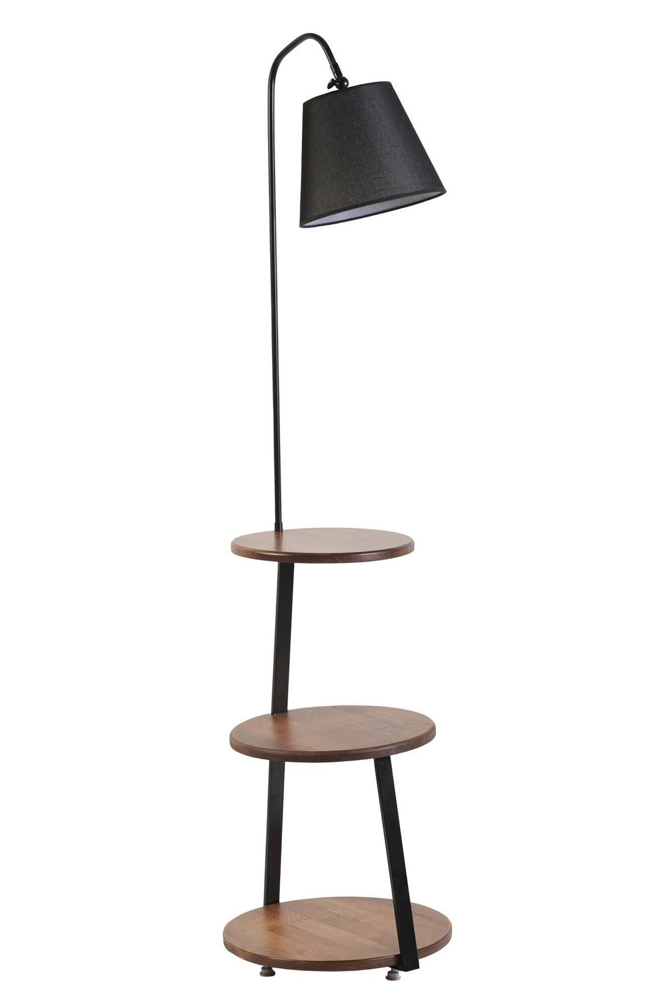 Candeeiro de Pé com Prateleira – Diâmetro base: 40 cm – Preto e Nogueira – Metal e Madeira
