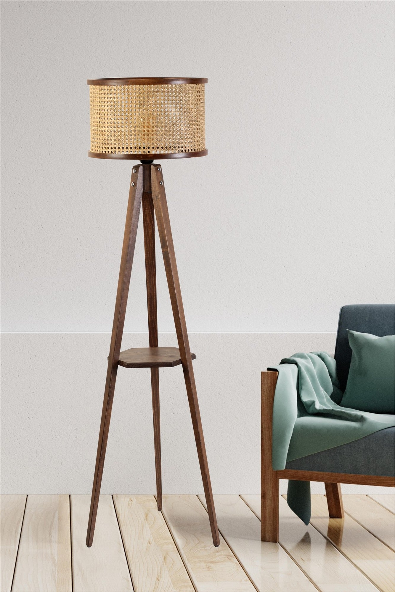 Candeeiro de Pé – 155 cm – Rattan e Noz – Madeira