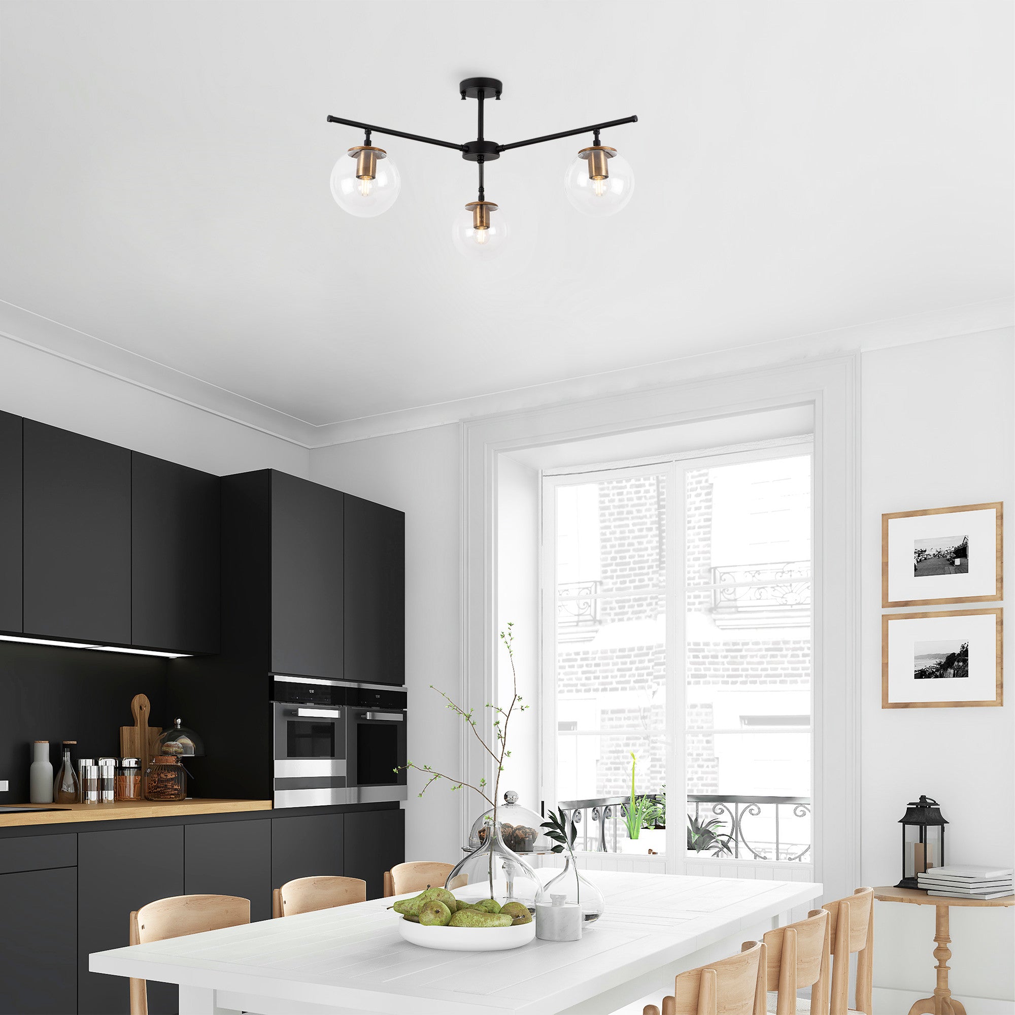 Candeeiro de Teto Industrial Moderno, Acabamento Preto e Antigo, 70 x 70 cm, 39 cm de Altura | Corpo em Metal, Tampa de Vidro, 3 Soquetes E14 | Iluminação Elegante para Casa e Escritório