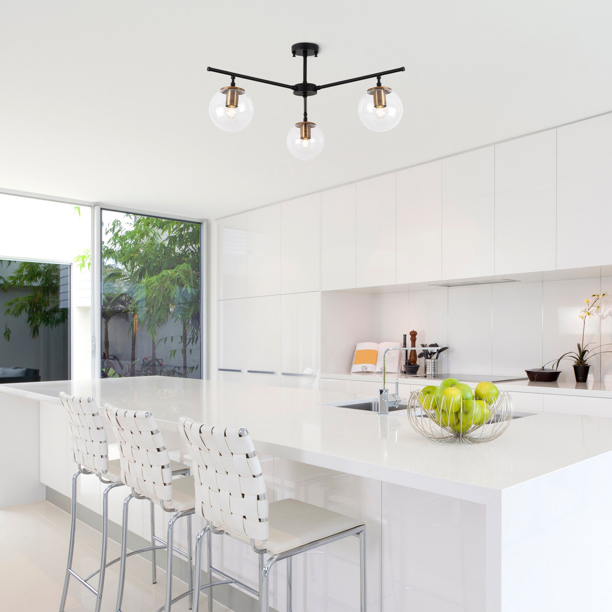 Candeeiro de Teto Industrial Moderno, Acabamento Preto e Antigo, 70 x 70 cm, 39 cm de Altura | Corpo em Metal, Tampa de Vidro, 3 Soquetes E14 | Iluminação Elegante para Casa e Escritório