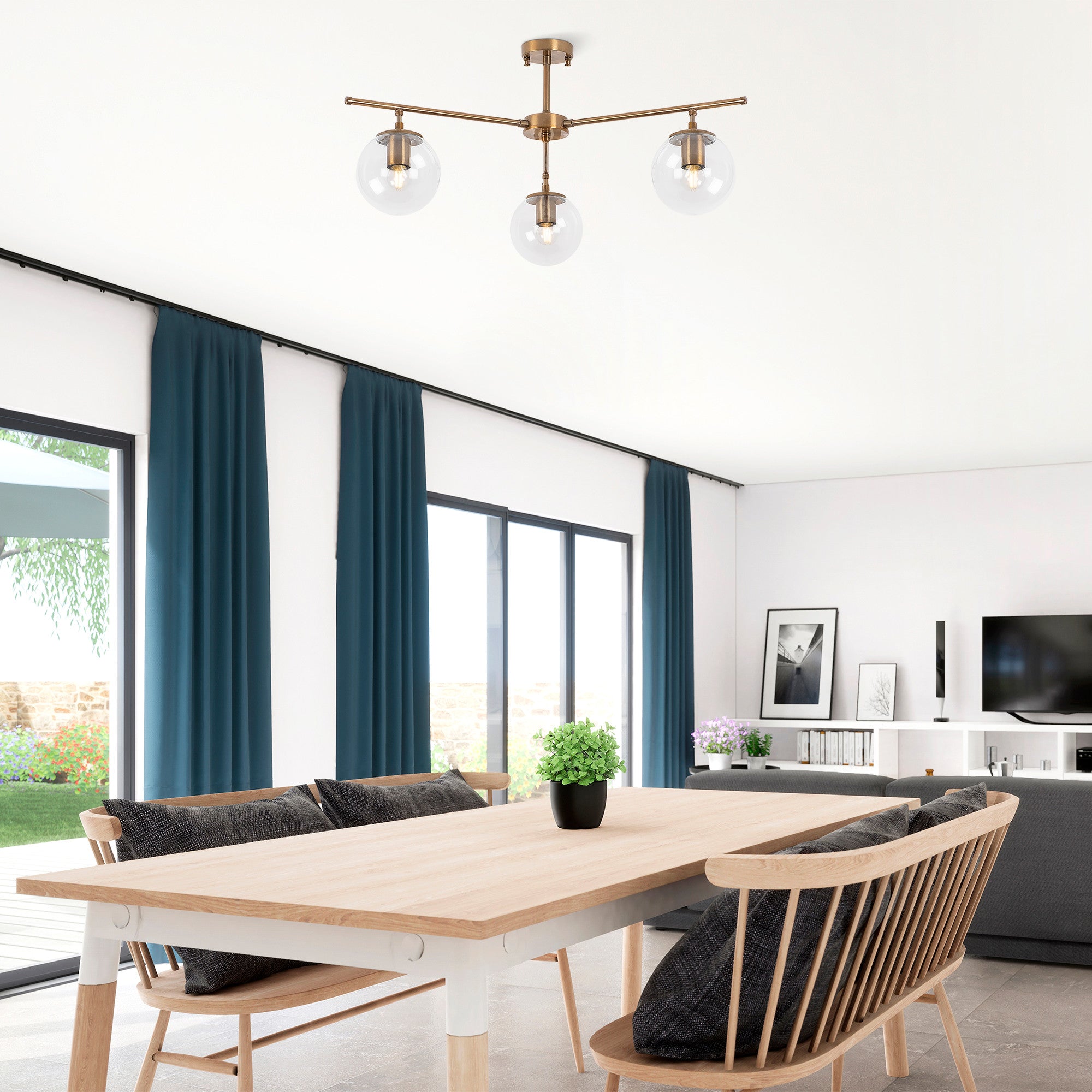 Candeeiro de Teto Vintage Elegante, Corpo em Metal e Tampa em Vidro, 70 x 70 cm, 39 cm de Altura | 3 Soquetes E14, Acabamento em Cobre | Glamour Moderno para Decoração de Casa