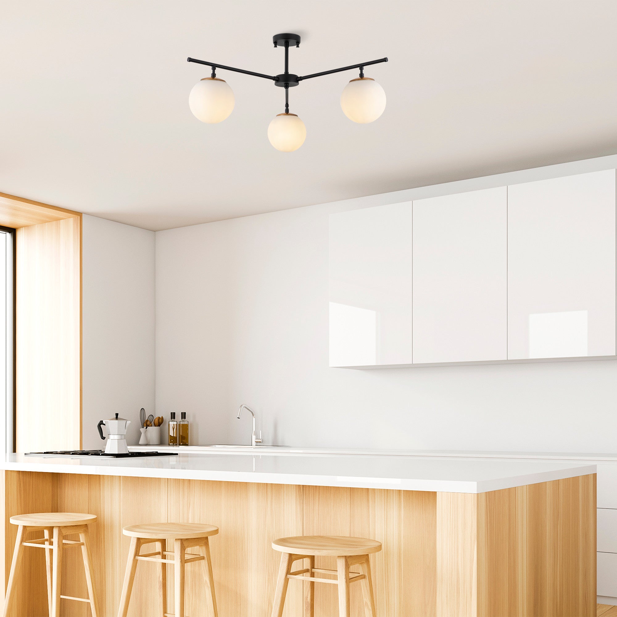 Candeeiro de Teto Industrial Moderno, Preto e Dourado, 70 x 70 cm | Corpo em Metal, Tampa de Vidro, 3 Soquetes E14 | Design Escandinavo Elegante para Casa e Escritório