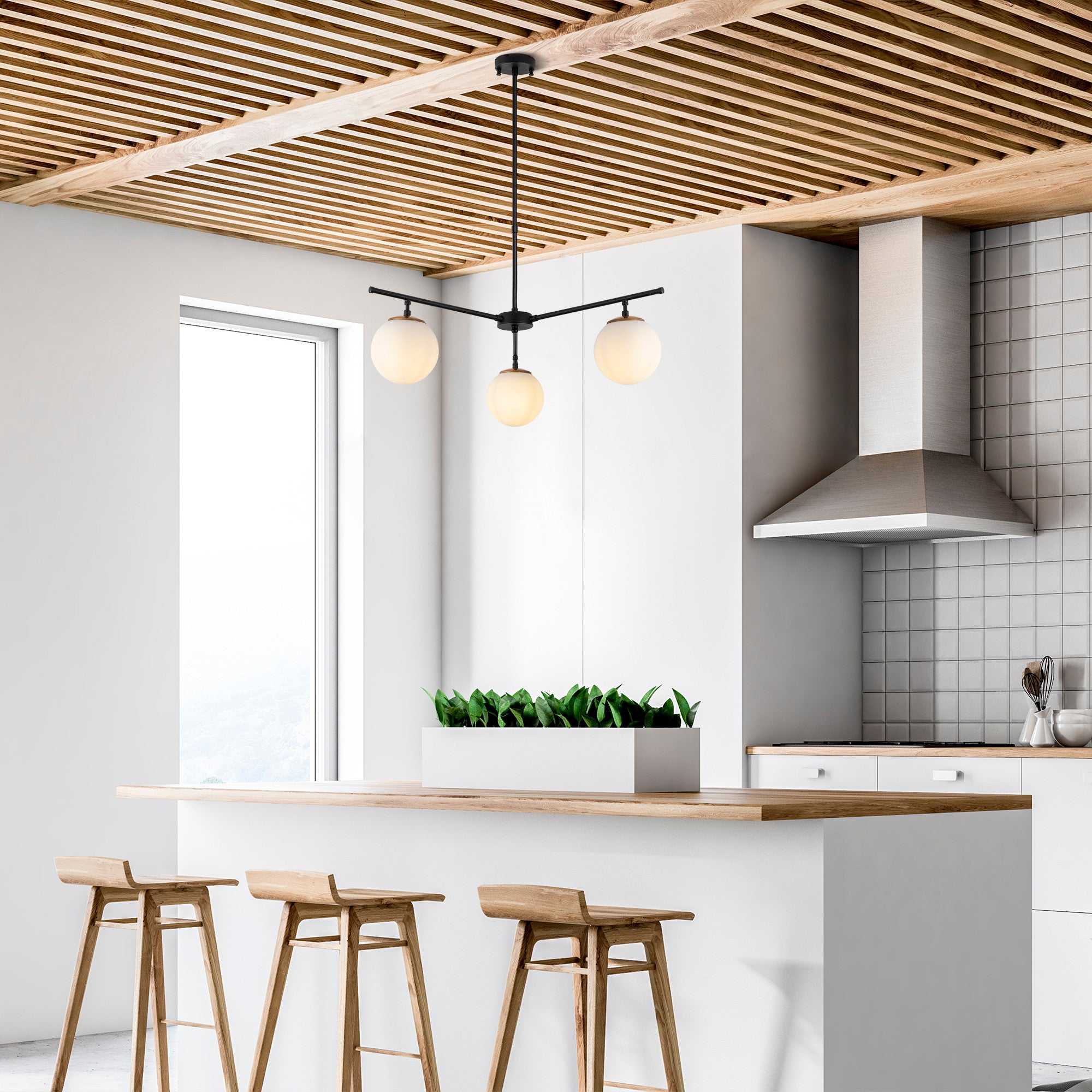 Candeeiro de Teto Industrial Moderno – 70 x 70 cm – Preto e Dourado – Metal e Vidro