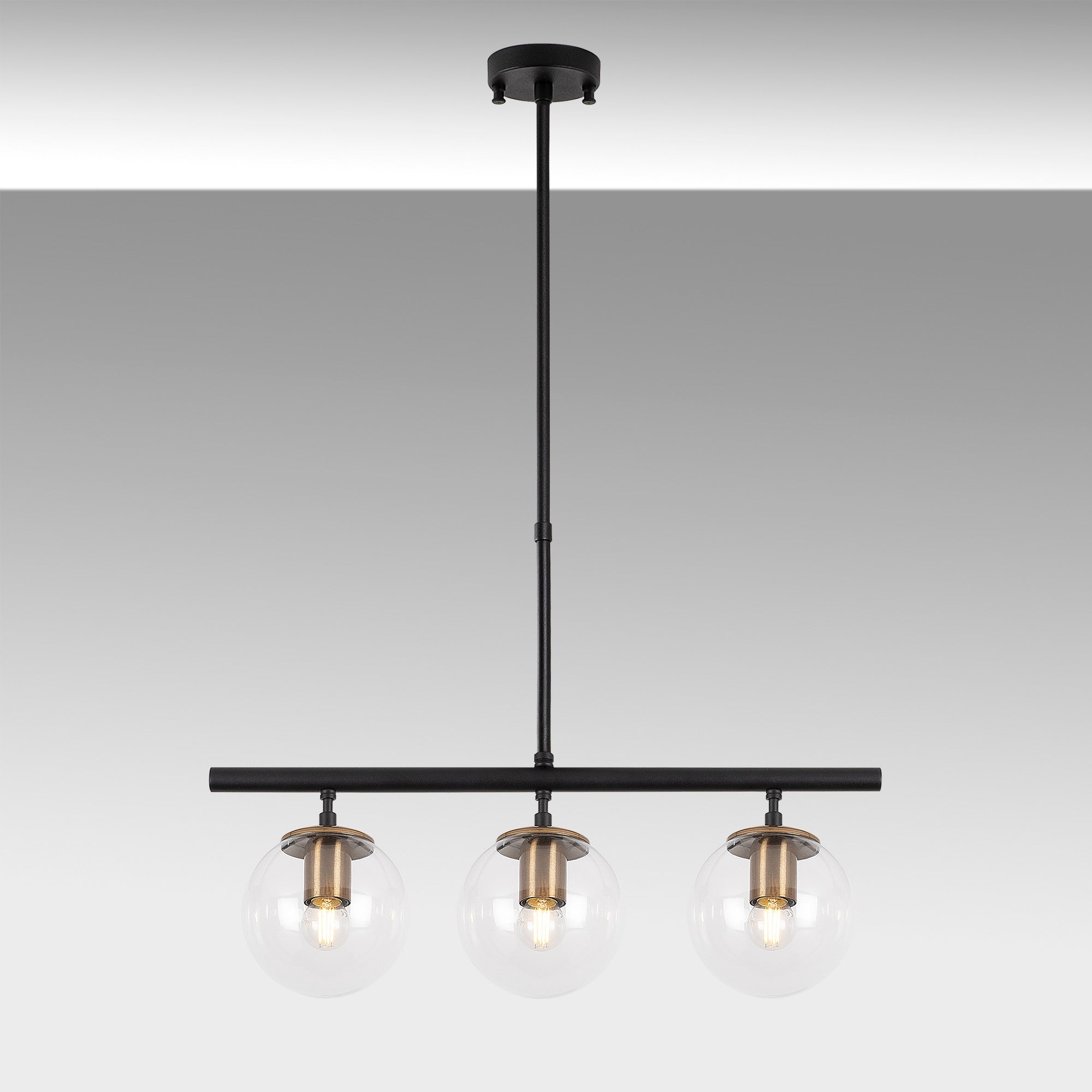 Candeeiro de Teto Industrial Moderno, Acabamento Preto e Antigo, 60 x 15 cm | Altura Ajustável 43-87 cm | Corpo de Metal, Tampa de Vidro, 3 Soquetes E14 | Iluminação Elegante para Casa e Escritório