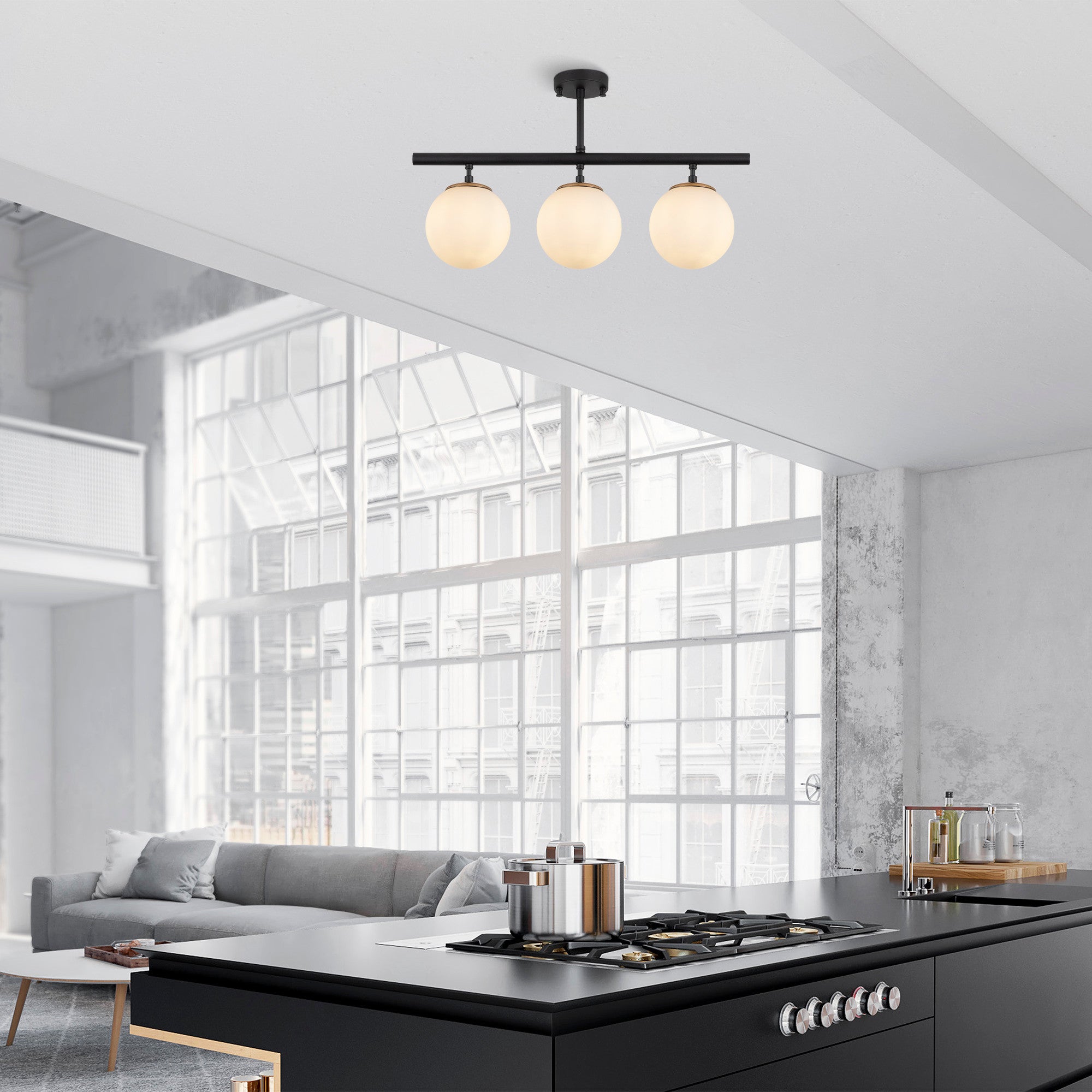 Candeeiro de Teto moderno com corpo de metal e tampa de vidro, preto e creme, 60 x 15 cm | 3 soquetes E14, IP20 | Design industrial e escandinavo elegante para casa