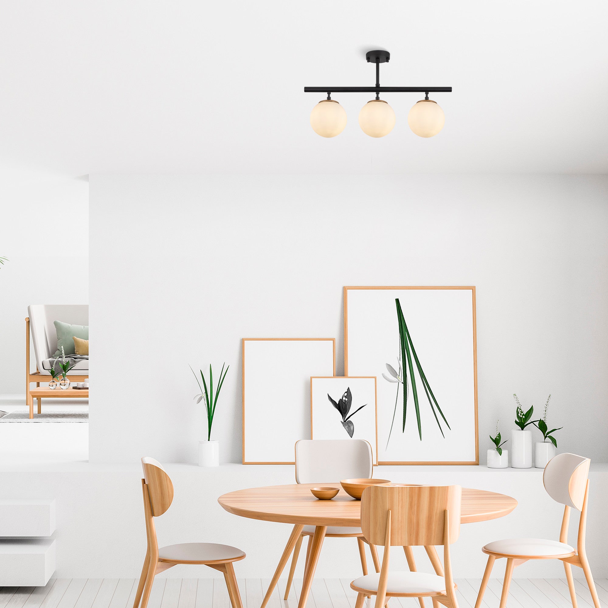 Candeeiro de Teto moderno com corpo de metal e tampa de vidro, preto e creme, 60 x 15 cm | 3 soquetes E14, IP20 | Design industrial e escandinavo elegante para casa