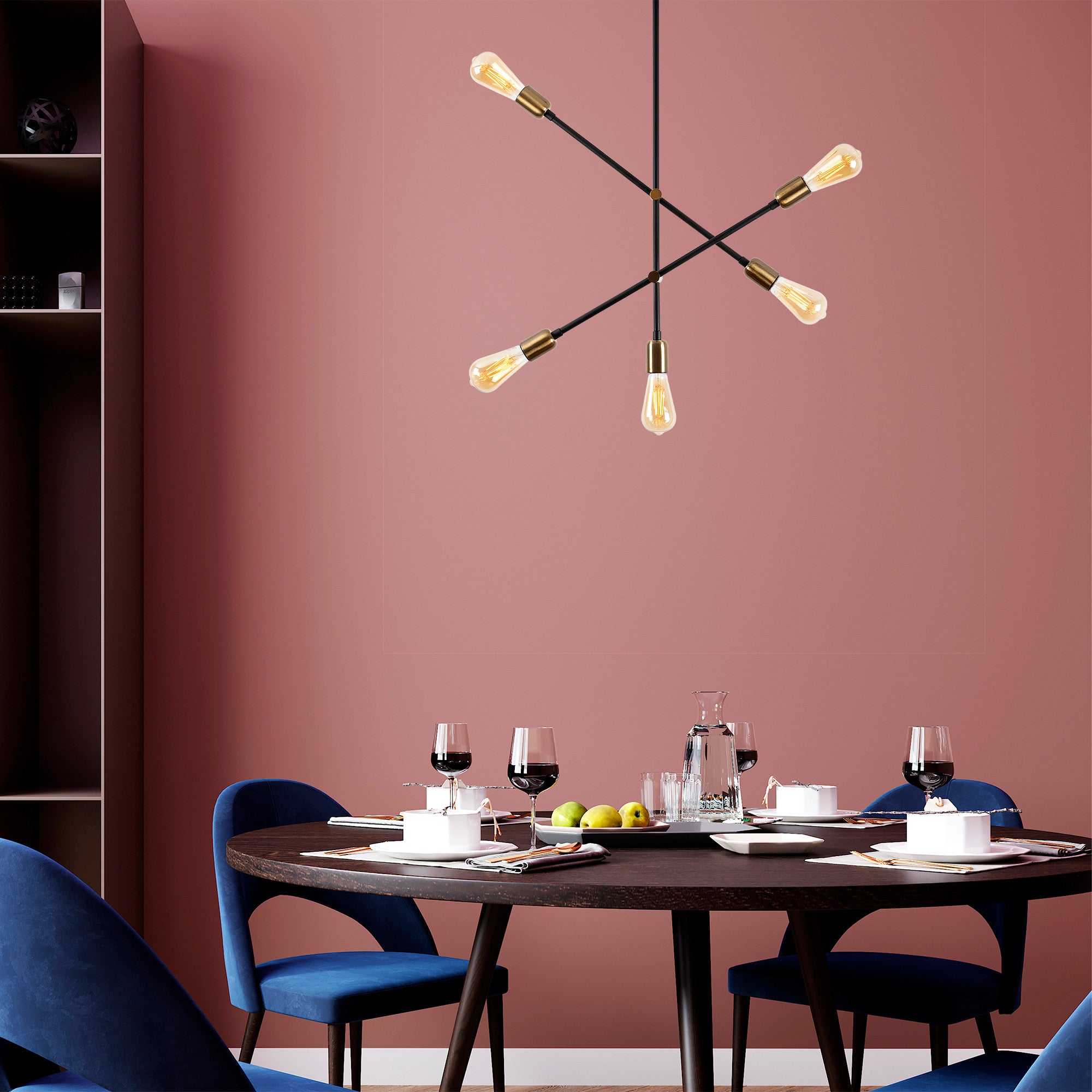 Candeeiro de Teto Industrial, Acabamento Preto e Antigo, 61 x 12 cm, Altura 77 cm | Corpo de Metal, 5 Soquetes E27, Design Escandinavo Moderno | Perfeito para Casa e Escritório