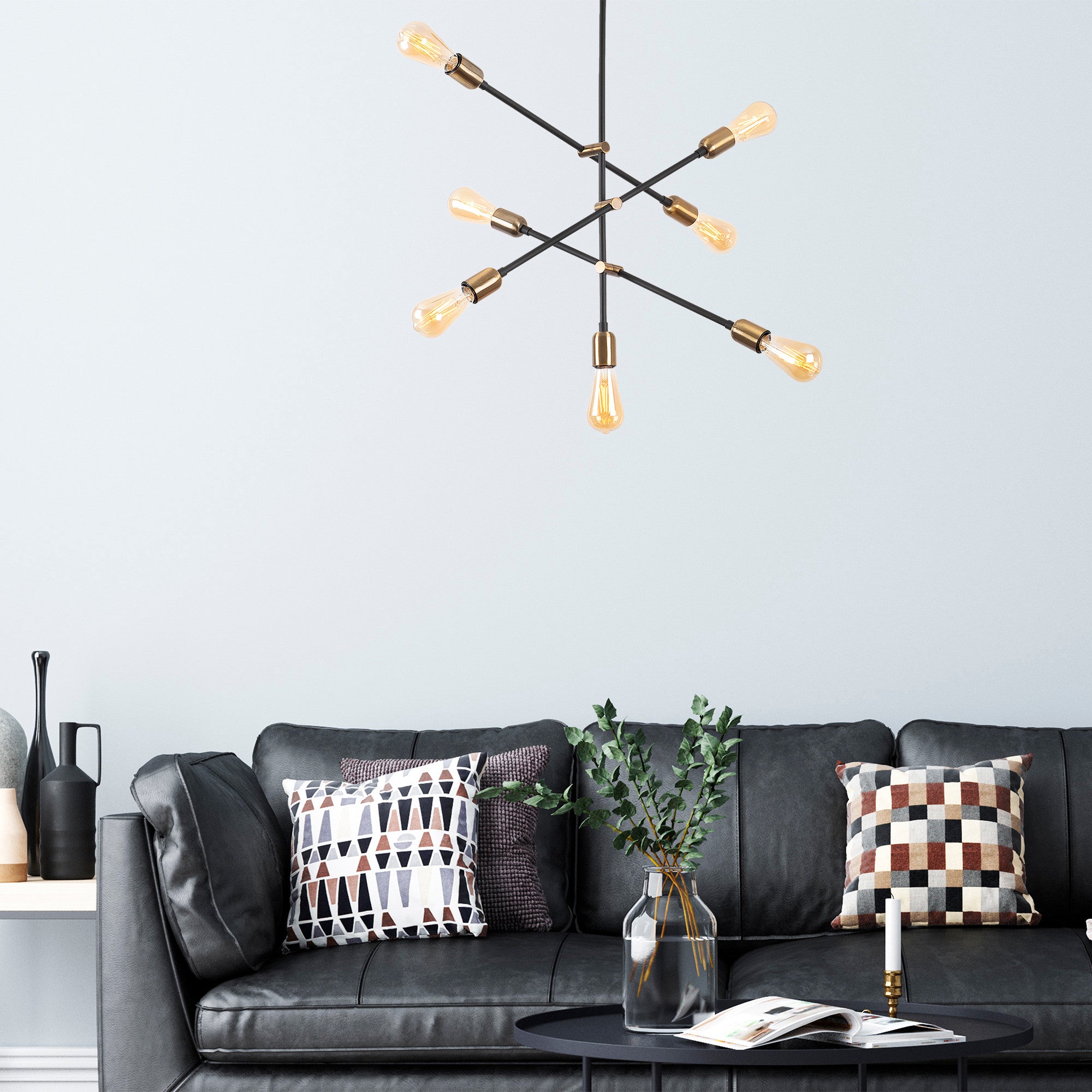 Candeeiro de Teto Elegante de Metal, Acabamento Preto e Antigo, 61 x 12 cm | 7 Soquetes E27, Máx. 15 W | Design Escandinavo Moderno, Perfeito para Decoração de Casa