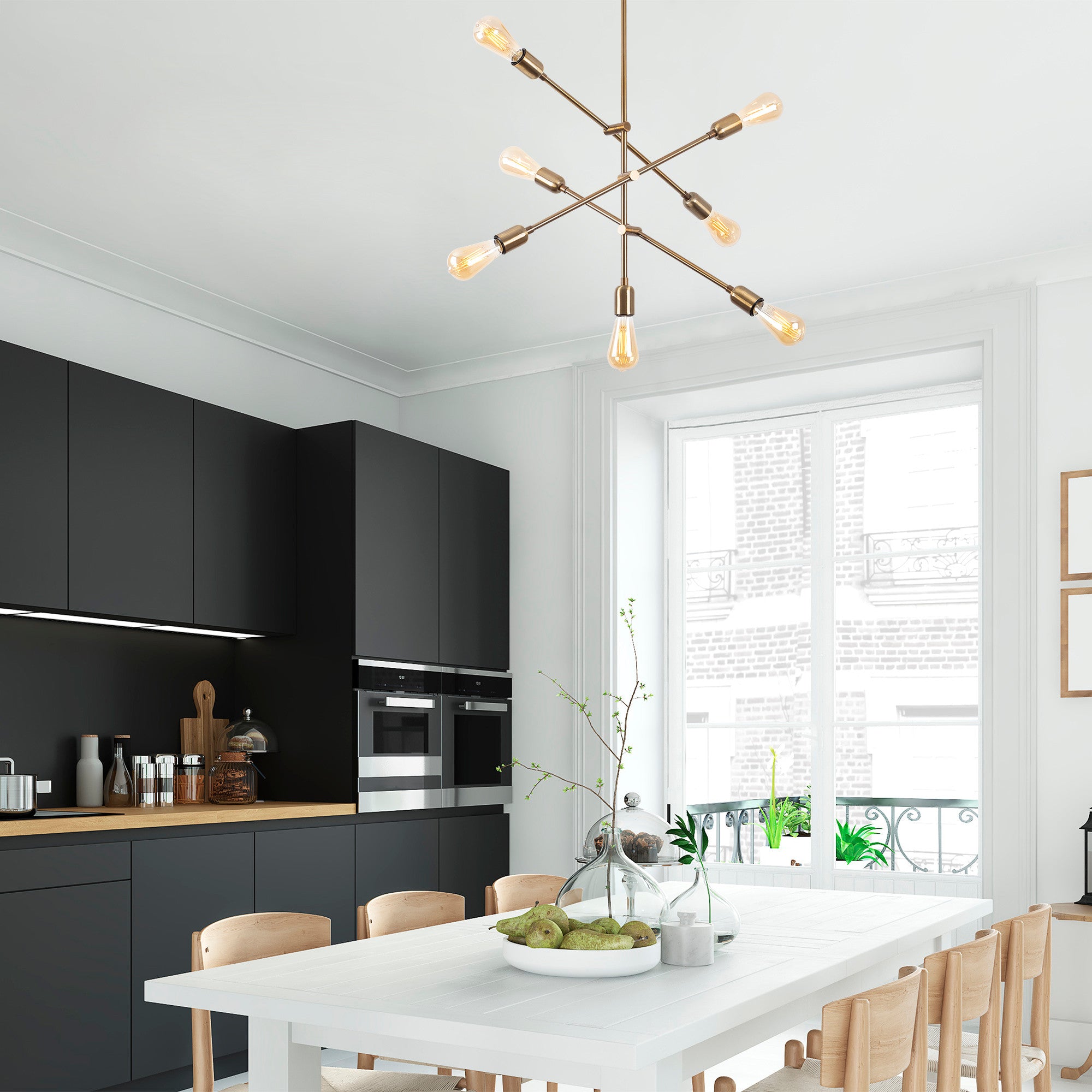 Candeeiro de Teto Vintage Elegante, Corpo em Metal, 61 x 12 cm, Altura 73 cm | 7 Soquetes E27, Acabamento em Cobre | Design Glamour Moderno para Interiores Elegantes