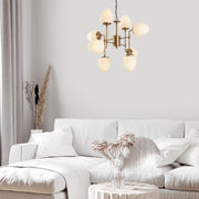 Candeeiro de Teto Vintage Elegante, Corpo em Metal e Tampa em Vidro, 74 x 74 cm, Altura 89-169 cm, 8 Soquetes E14, Acabamento em Cobre | Design Moderno e Glamouroso para Decoração de Casa