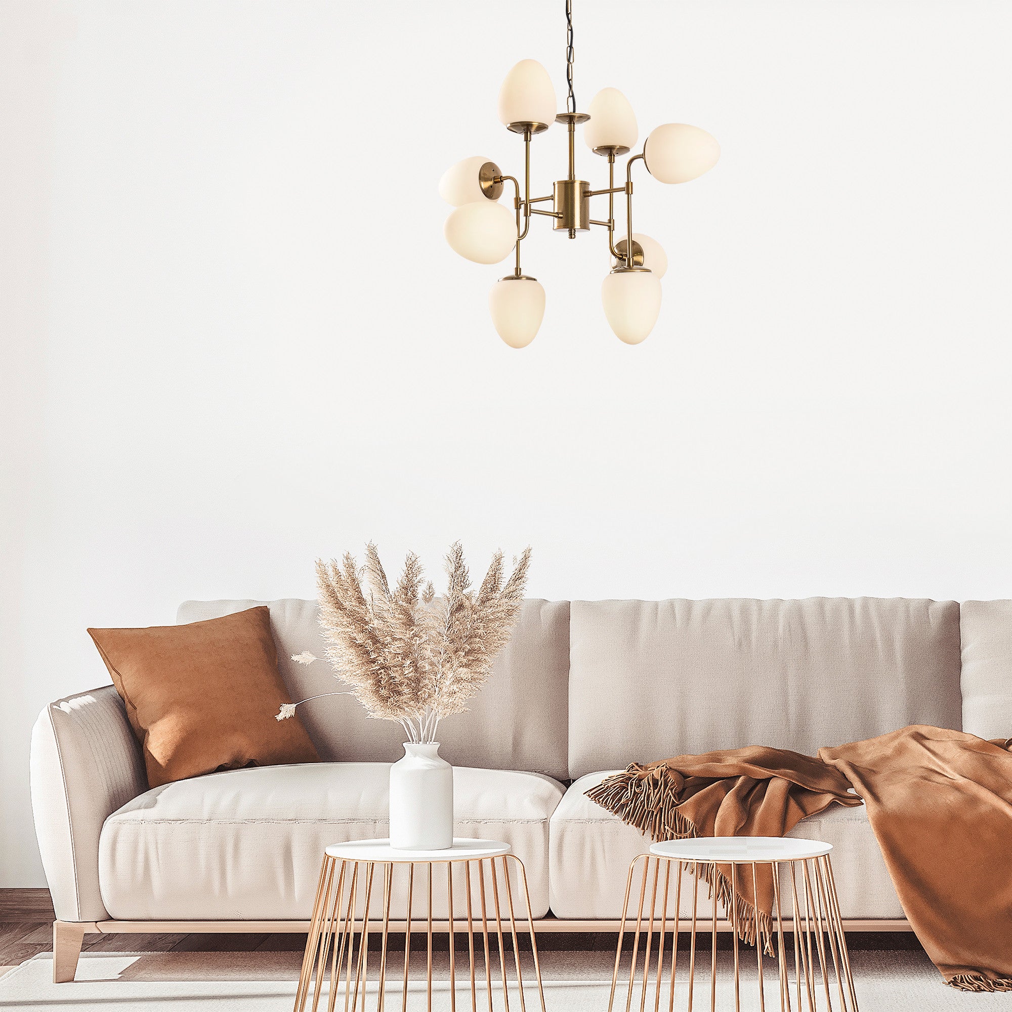 Candeeiro de Teto Vintage Elegante, Corpo em Metal e Tampa em Vidro, 74 x 74 cm, Altura 89-169 cm, 8 Soquetes E14, Acabamento em Cobre | Design Moderno e Glamouroso para Decoração de Casa