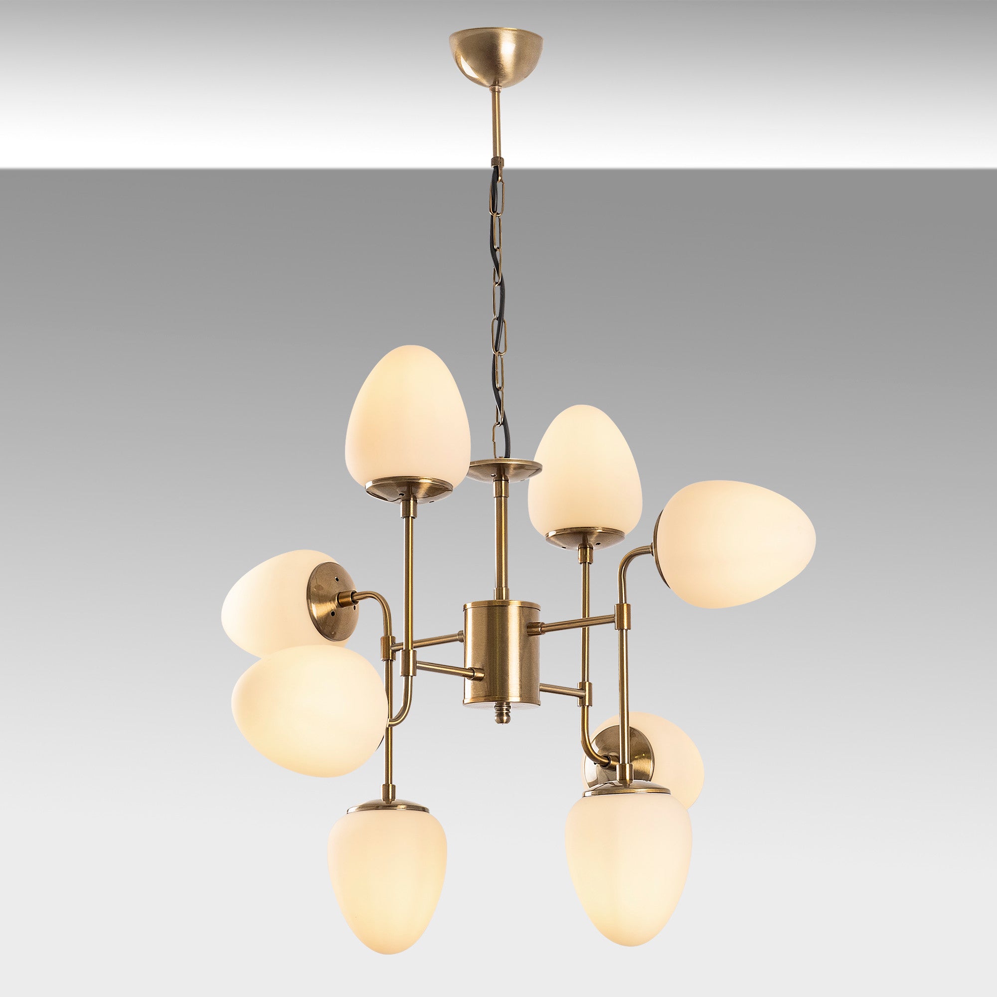 Candeeiro de Teto Vintage Elegante, Corpo em Metal e Tampa em Vidro, 74 x 74 cm, Altura 89-169 cm, 8 Soquetes E14, Acabamento em Cobre | Design Moderno e Glamouroso para Decoração de Casa