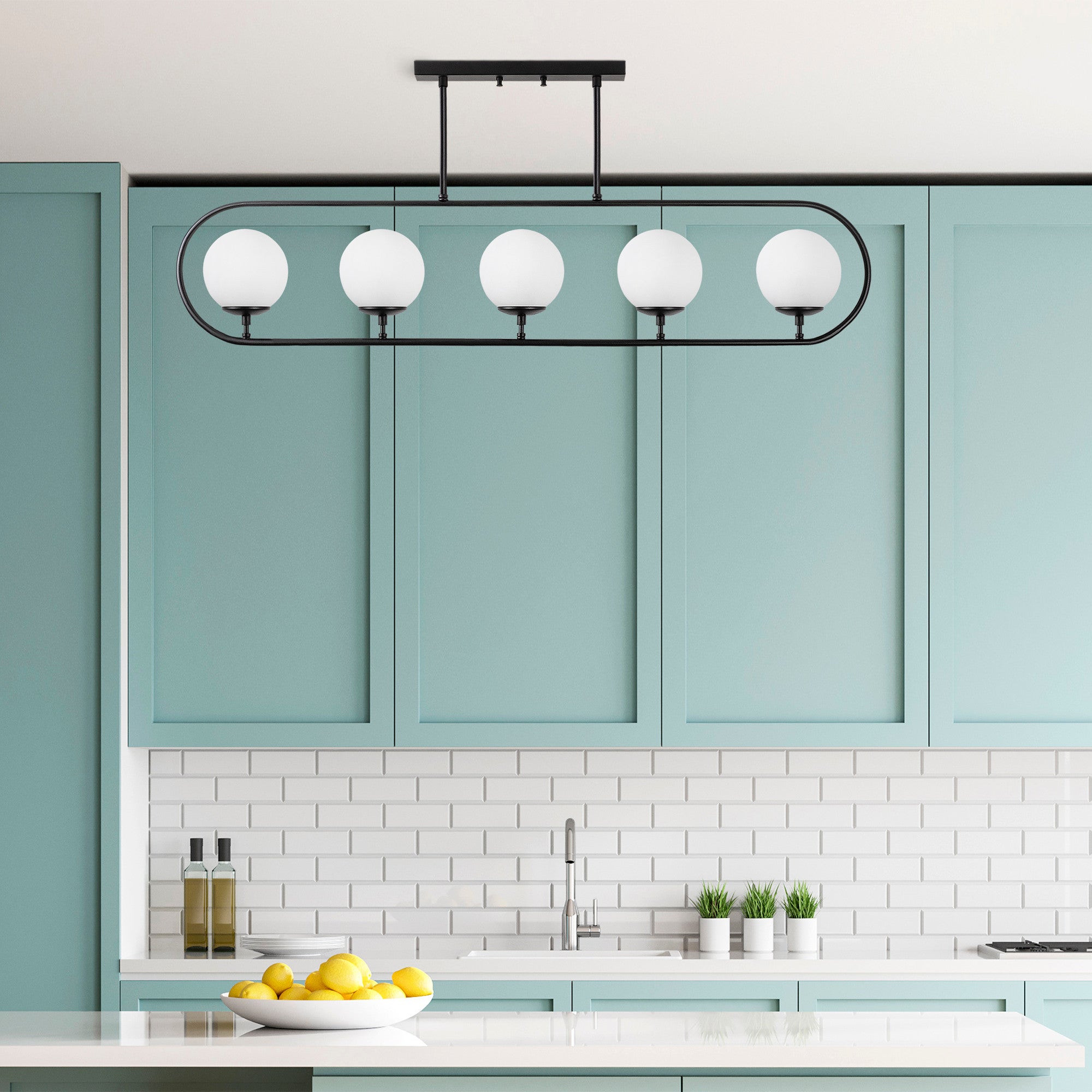 Candeeiro de Teto Industrial Moderno, Preto e Branco, 122 x 15 cm | Corpo em Metal, Tampa de Vidro, 5 Soquetes E14 | Design Escandinavo Elegante para Casa e Escritório