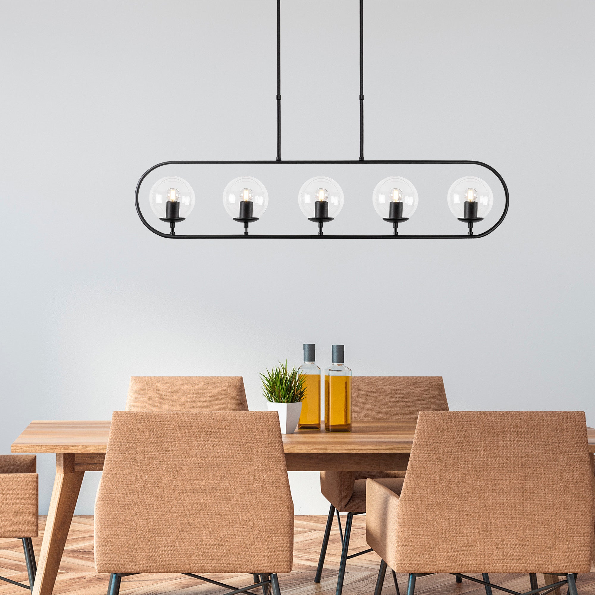 Candeeiro de Teto preto moderno, corpo de metal e tampa de vidro, 122 x 15 cm, altura ajustável de 49 a 91 cm, 5 soquetes E14, design industrial e escandinavo elegante