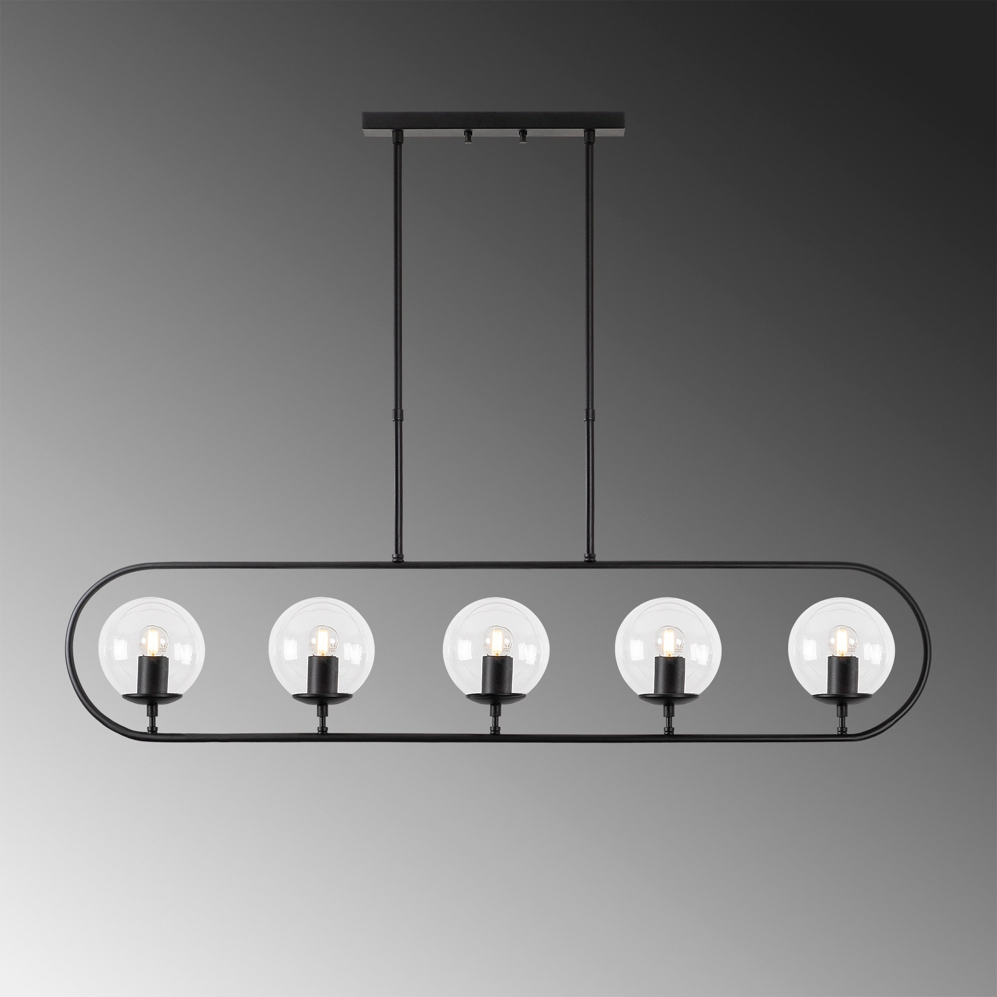 Candeeiro de Teto preto moderno, corpo de metal e tampa de vidro, 122 x 15 cm, altura ajustável de 49 a 91 cm, 5 soquetes E14, design industrial e escandinavo elegante