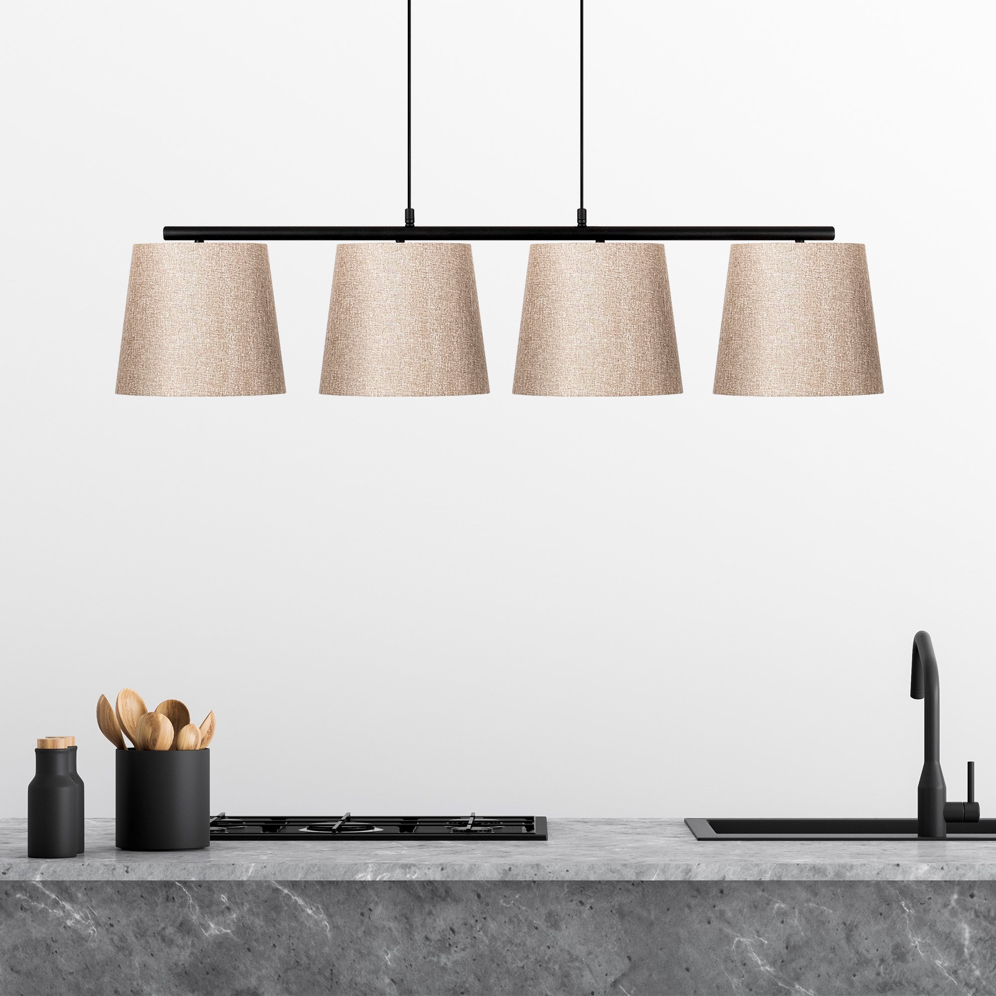 Candeeiro de Teto Escandinavo, Preto e Bege, 148 x 25 cm | Corpo em Metal, Altura Ajustável 48-125 cm | 4 Soquetes E27, Design Elegante para Espaços Modernos