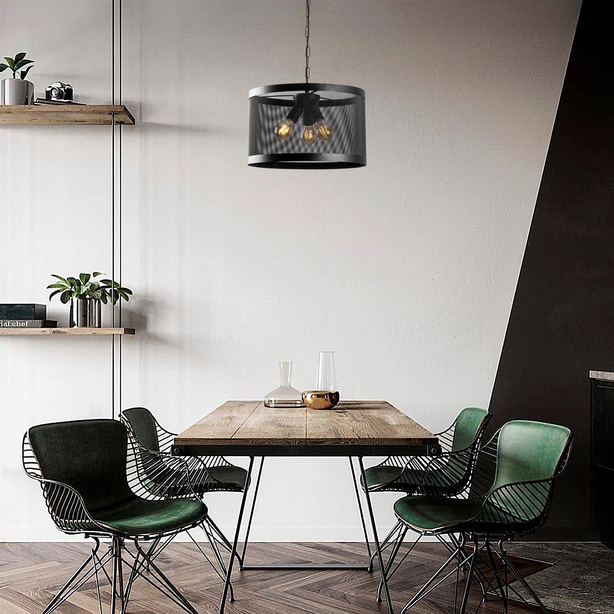 Candeeiro de Teto industrial moderno, corpo de metal preto, 40 x 40 cm, altura ajustável de 44 a 124 cm, 3 soquetes E27, iluminação elegante para casa e escritório