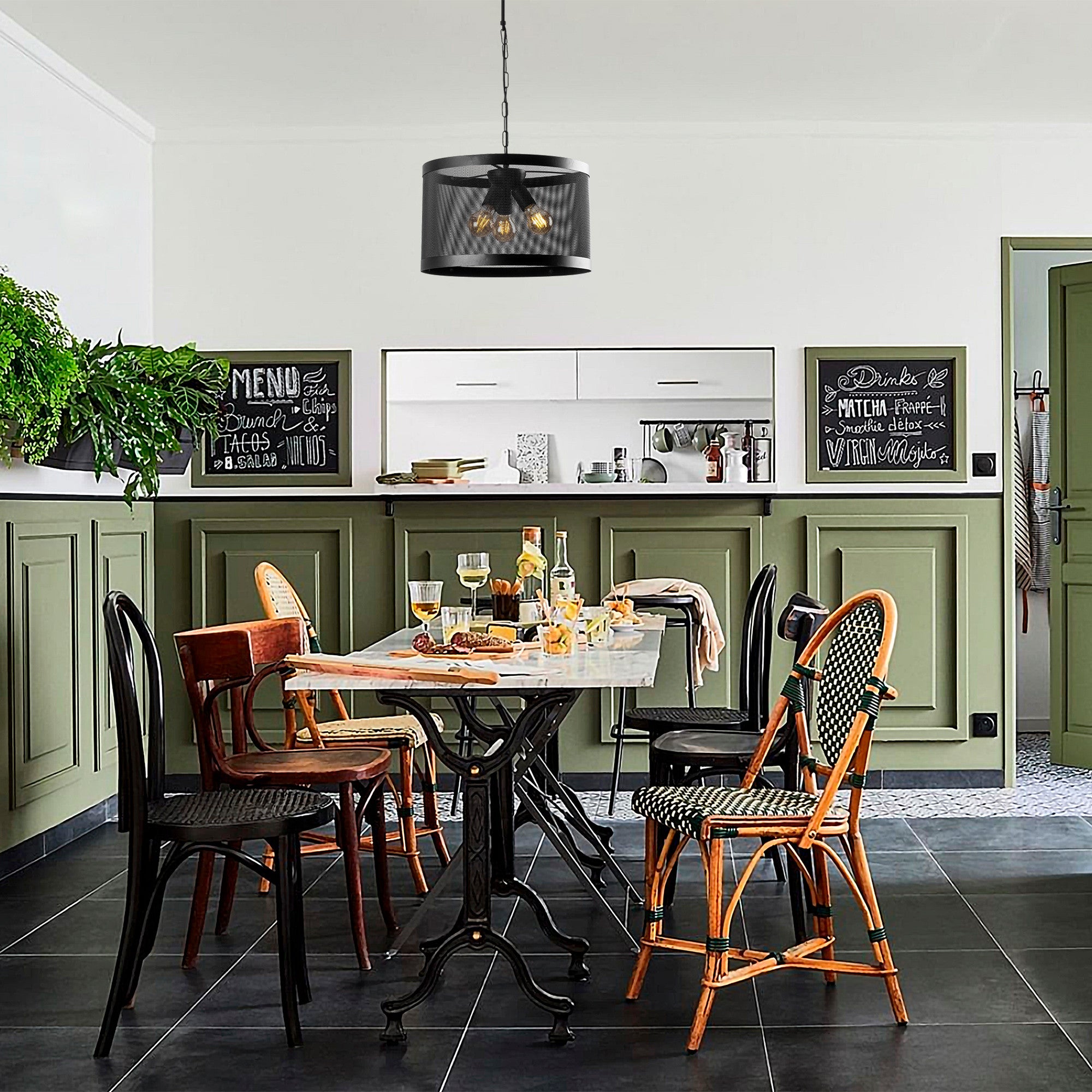 Candeeiro de Teto industrial moderno, corpo de metal preto, 40 x 40 cm, altura ajustável de 44 a 124 cm, 3 soquetes E27, iluminação elegante para casa e escritório