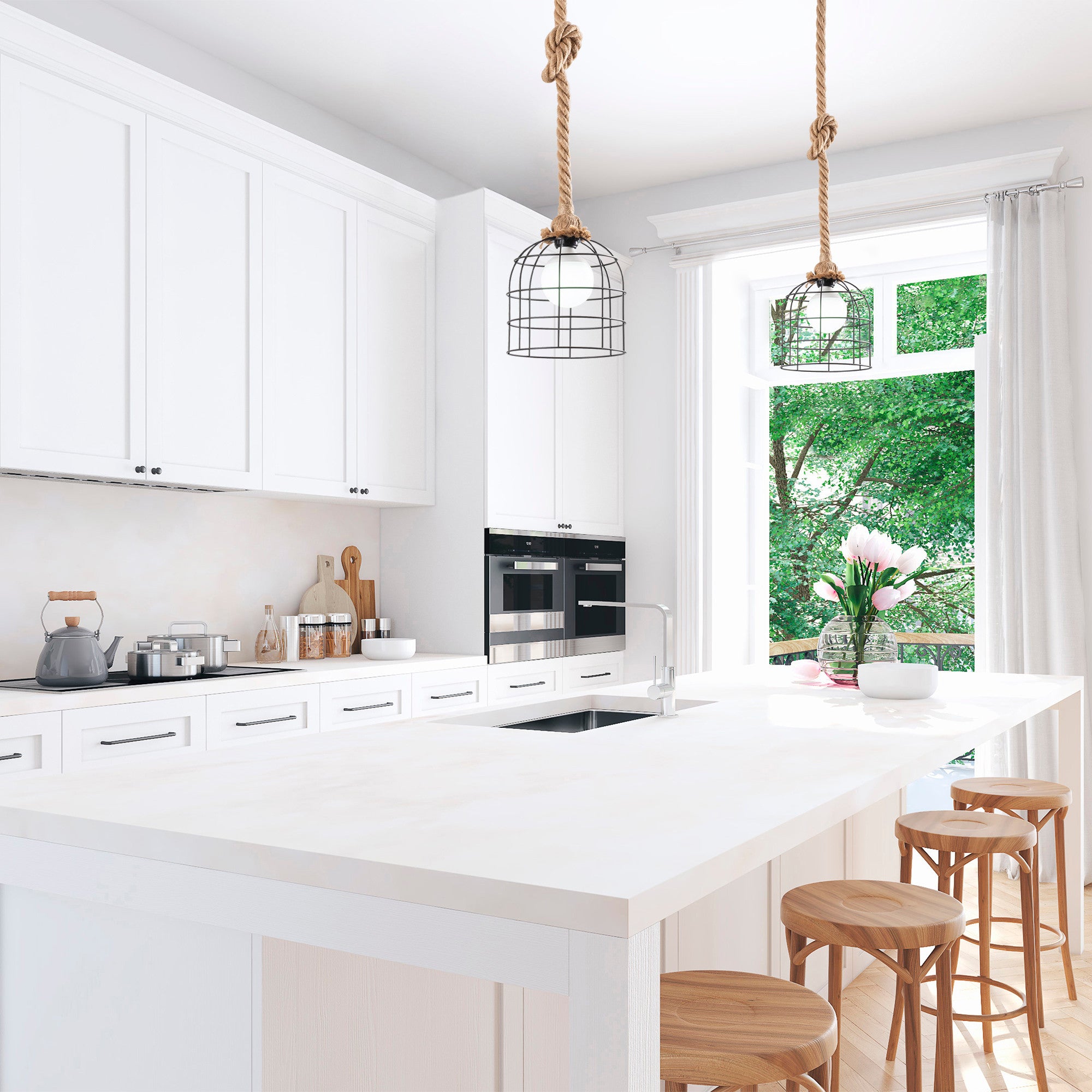 Candeeiro de Teto moderno com corpo de corda, preto e bege, 22 x 22 cm | Altura: 86 cm, soquete E27, design elegante para casa e escritório | Classificação IP20