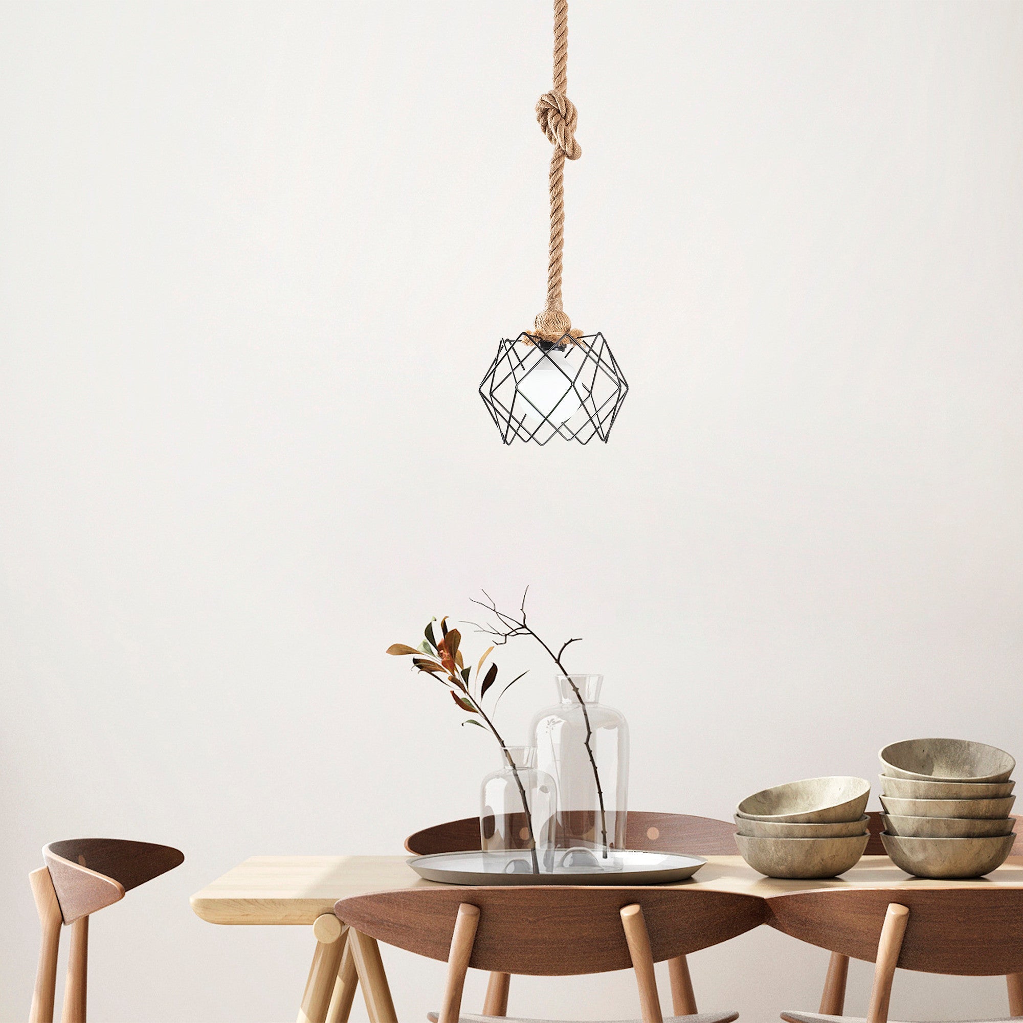 Candeeiro de Teto moderno preto com estrutura de corda, 23x23 cm, 80 cm de altura | Soquete E27, máx. 15 W | Iluminação elegante para casa e escritório, design elegante