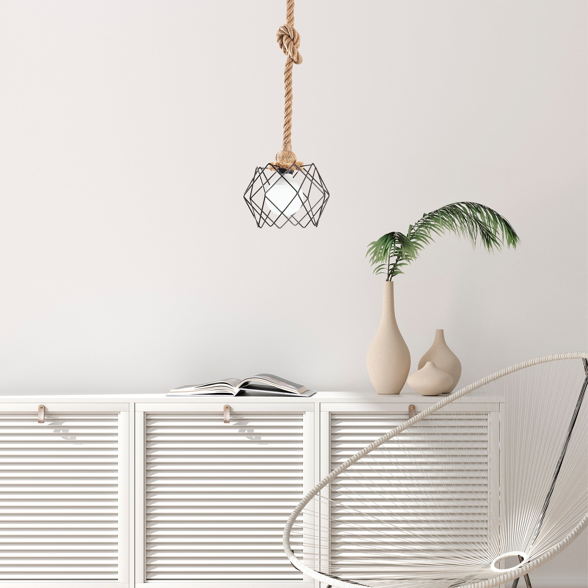 Candeeiro de Teto moderno preto com estrutura de corda, 23x23 cm, 80 cm de altura | Soquete E27, máx. 15 W | Iluminação elegante para casa e escritório, design elegante