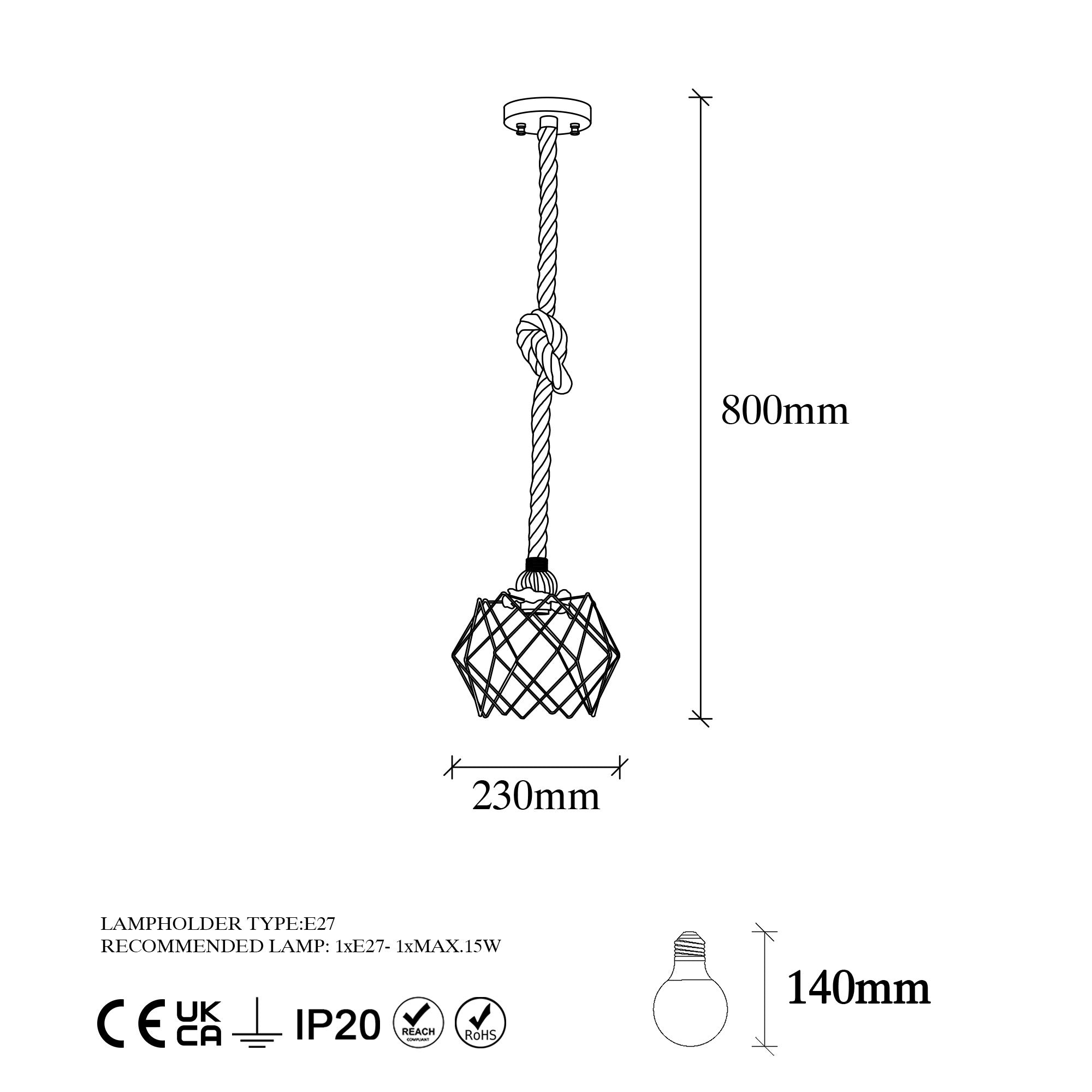 Candeeiro de Teto moderno preto com estrutura de corda, 23x23 cm, 80 cm de altura | Soquete E27, máx. 15 W | Iluminação elegante para casa e escritório, design elegante