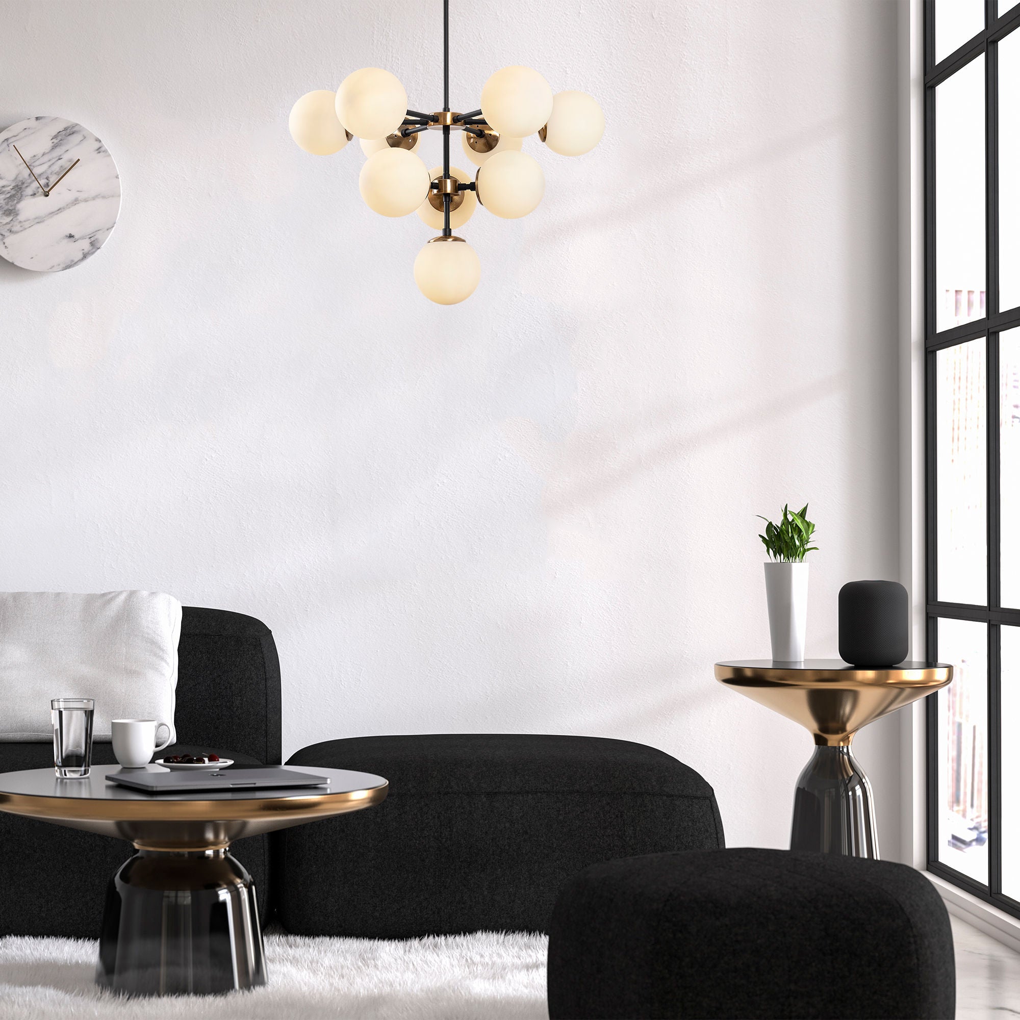 Candeeiro de Teto – 74 x 74 x 66-108 cm – Preto – Metal e vidro