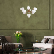 Candeeiro de Teto Vintage Elegante, Altura Ajustável 67x67x61-85 cm, 9 Soquetes E14, Corpo em Metal e Tampas de Vidro, Acabamento em Cobre | Perfeito para Decoração Moderna e Escandinava