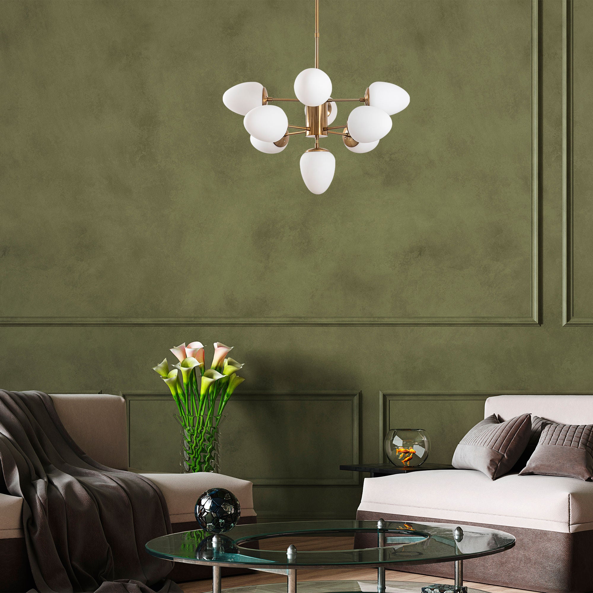 Candeeiro de Teto Vintage Elegante, Altura Ajustável 67x67x61-85 cm, 9 Soquetes E14, Corpo em Metal e Tampas de Vidro, Acabamento em Cobre | Perfeito para Decoração Moderna e Escandinava