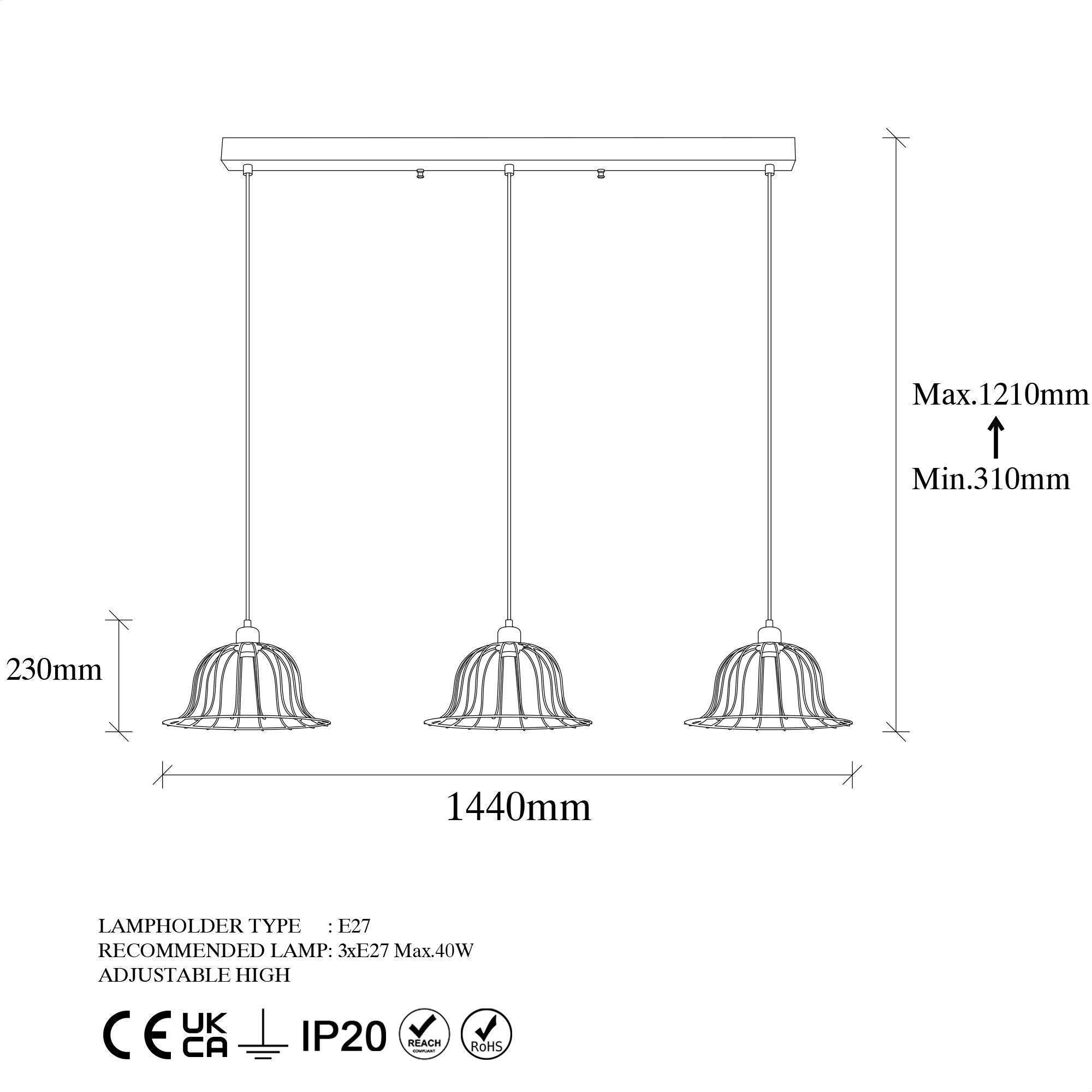 Candeeiro de Teto Industrial com Corpo Metálico, Altura Ajustável, 3 Soquetes E27, Acabamento Preto e Antigo, 147 x 35 x 31-121 cm | Solução Moderna de Iluminação Residencial