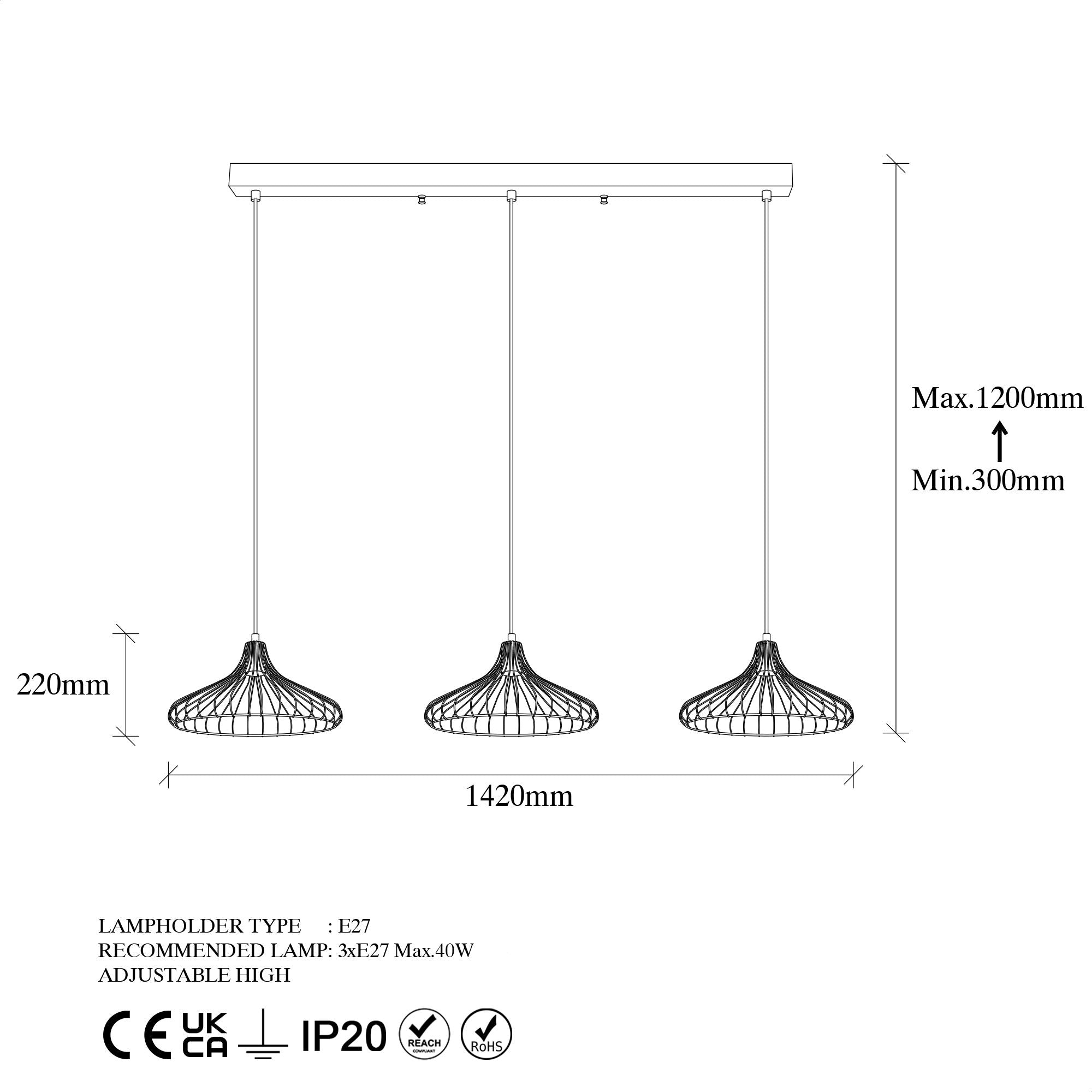 Candeeiro de Teto industrial – altura ajustável de 30 a 120 cm – preto – metal